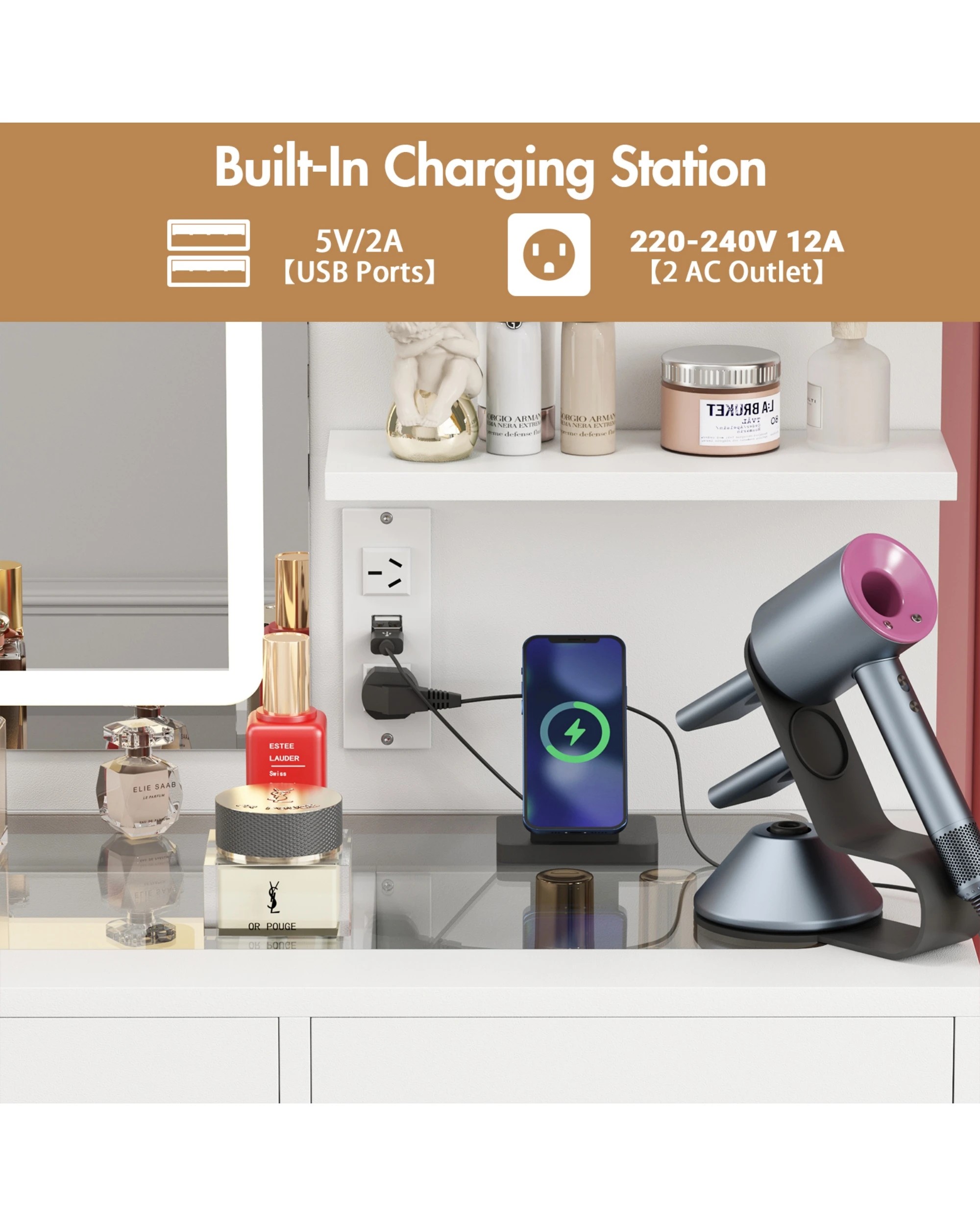 4 Advwin Dressing Table Stool Set Charging Station Lights Glass Tabletop Vanity Desk, 4 of 10