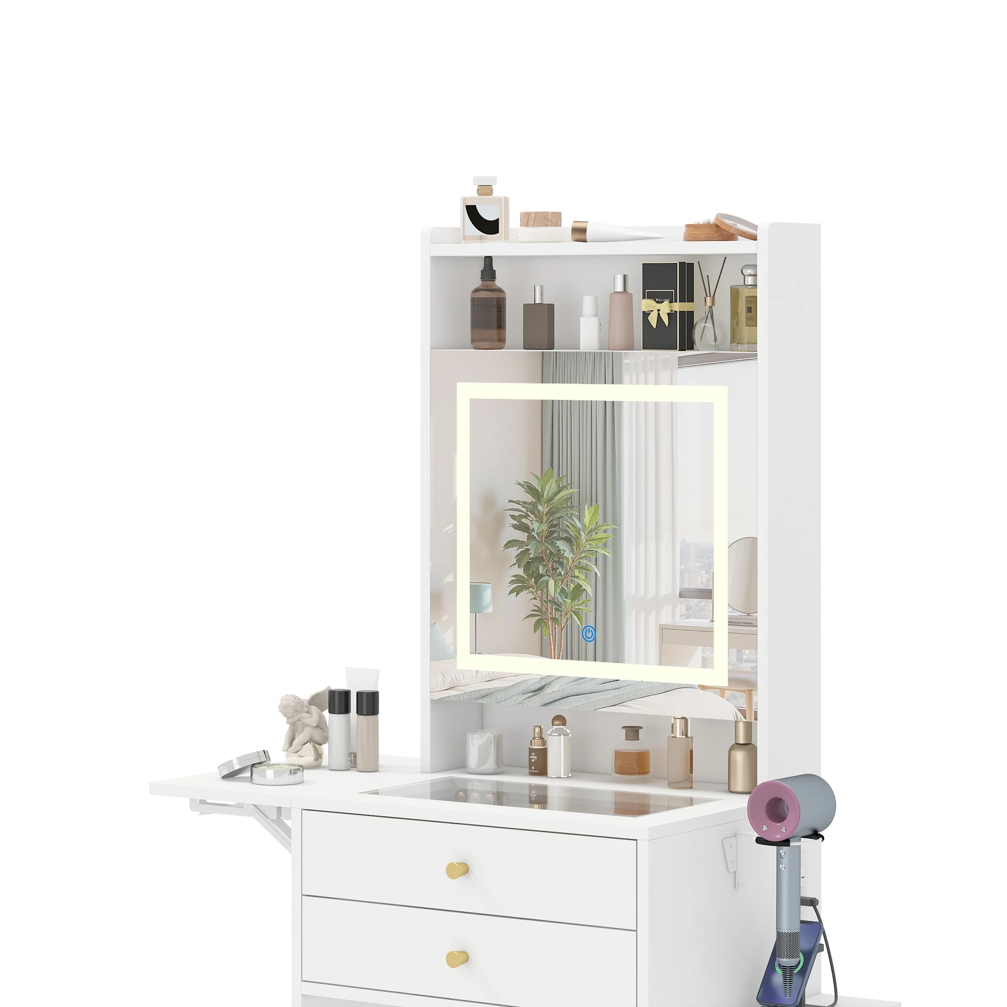 5 Advwin Dressing Table Stool w/ Glass Desktop Side Storage & Charging Station - White, 5 of 10