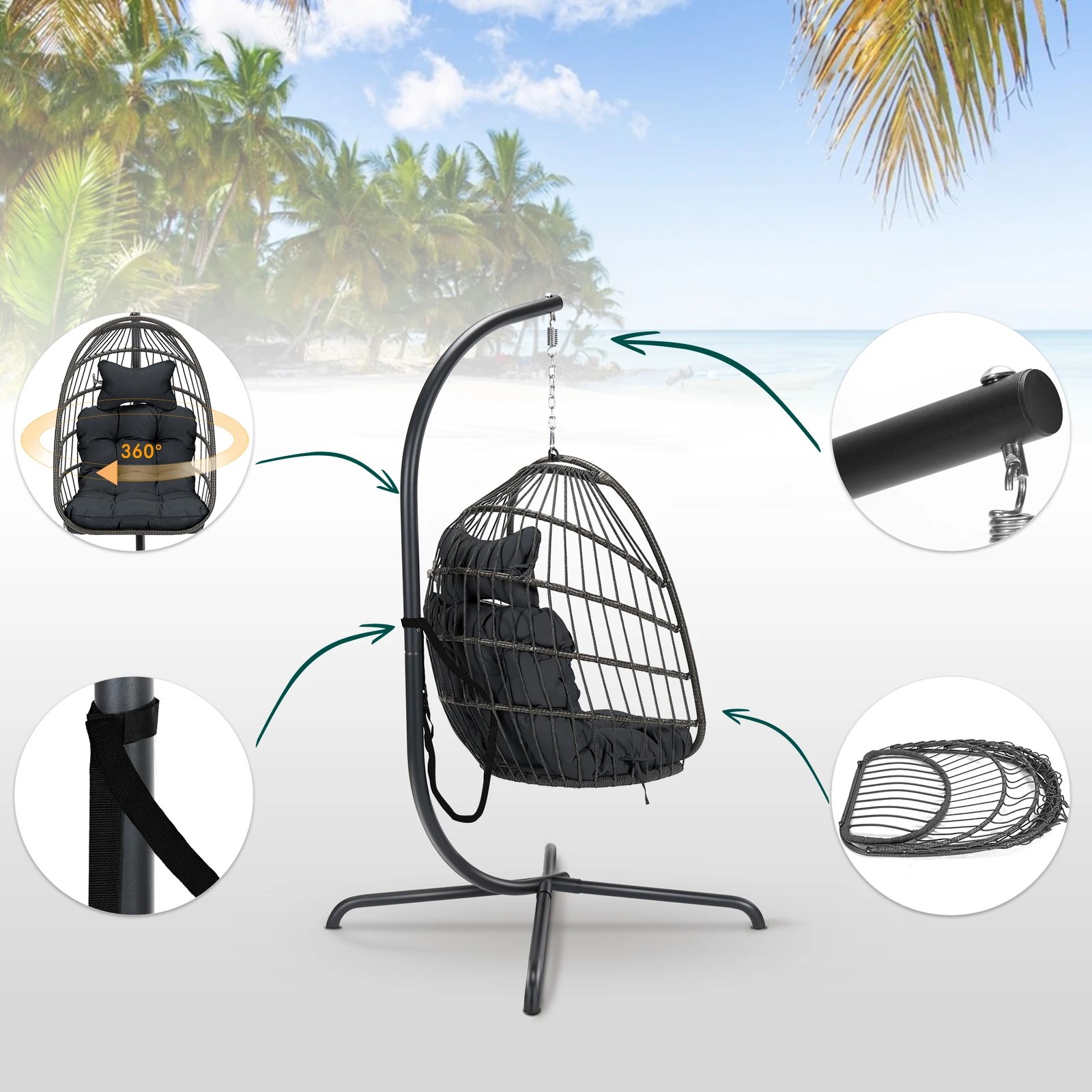 7 Alfordson Outdoor Egg Swing Chair Wicker Rattan Pod Foldable Seat - Grey, 7 of 10