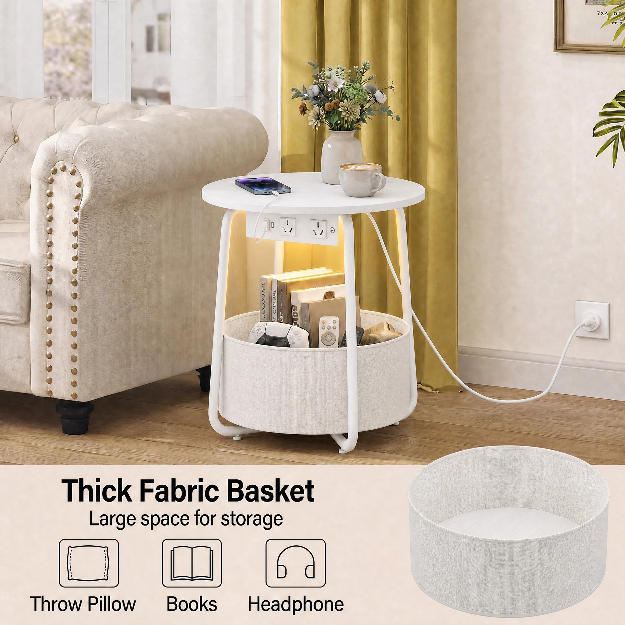 7 Advwin Small Round Side Table with Charging Station Nightstand with Fabric Basket - White, 7 of 8