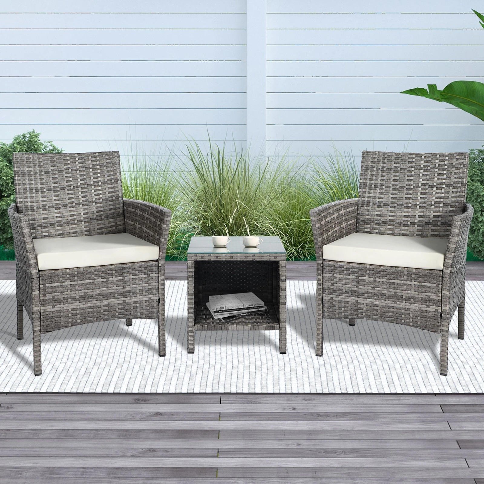 2 Alfordson 3PCS Outdoor Furniture Wicker Bistro Set Patio Sofa Table - Grey, 2 of 10