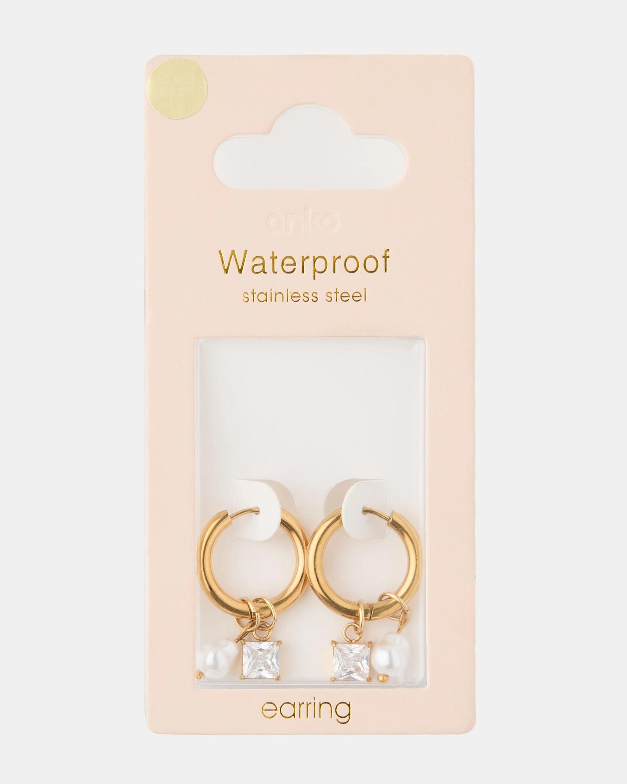 4 Waterproof Stainless Steel Faux Pearl Drop Hoop Earrings - Gold Tone Gold, 4 of 5