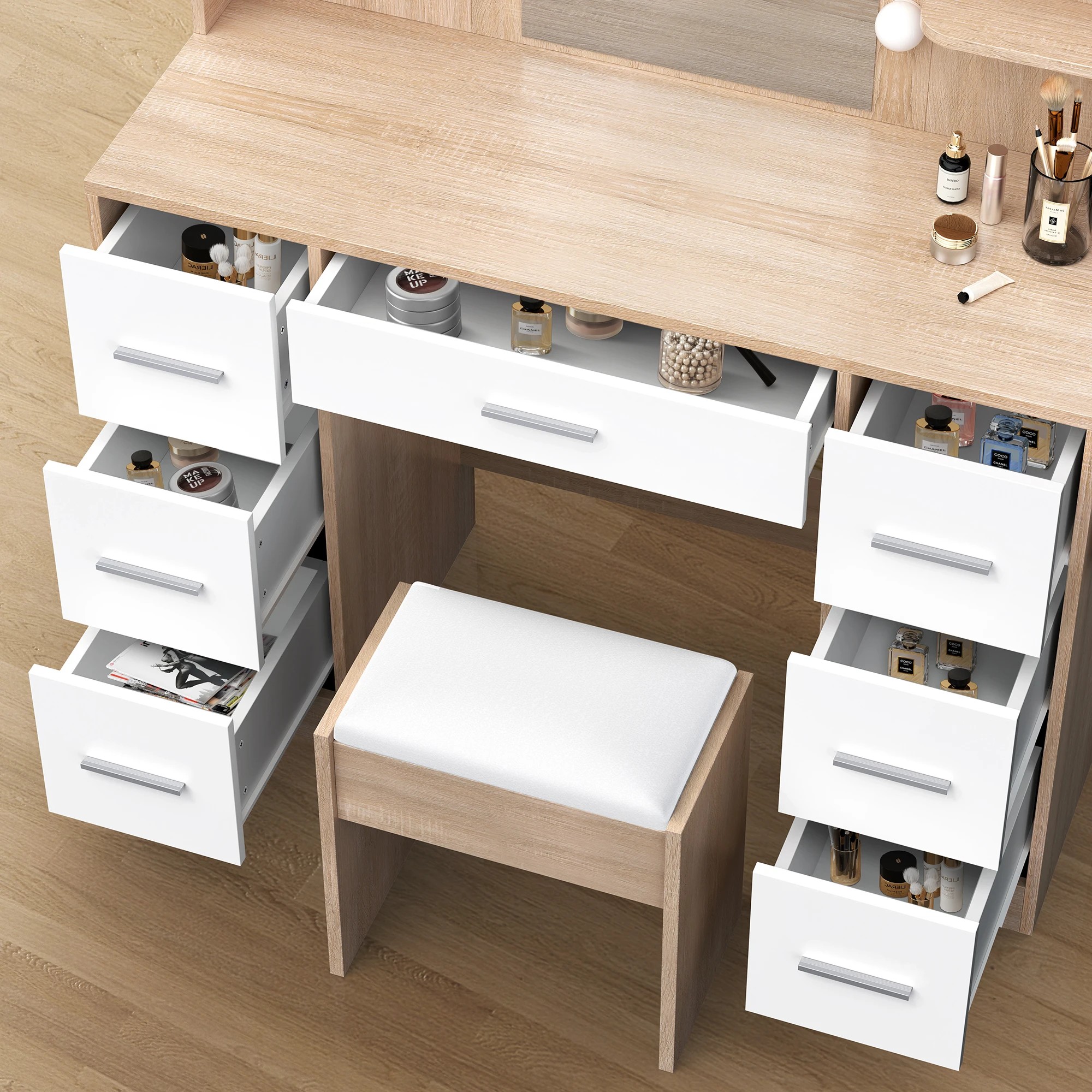 6 Alfordson Dressing Table Stool Set Makeup Mirror Vanity Desk LED Bulbs - Oak, 6 of 10