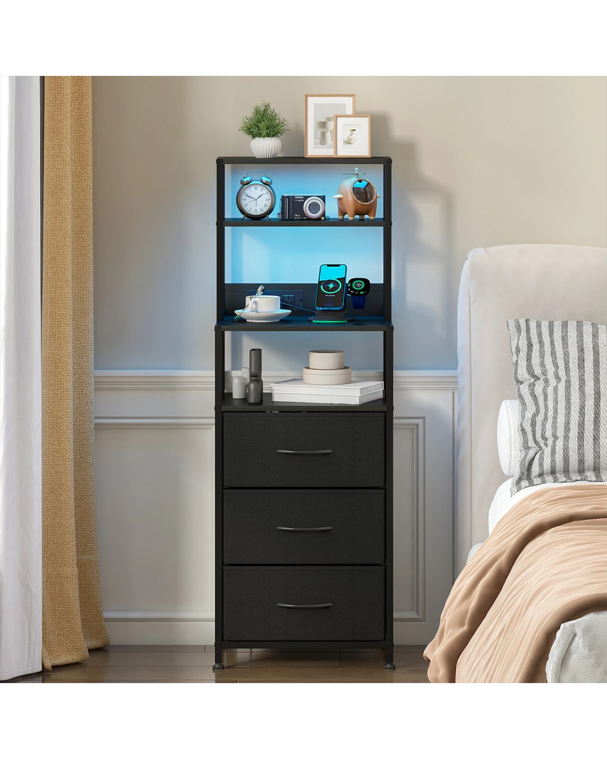 7 Advwin Set of 2 Led Bedside Table with Charging Station 3 Fabric Drawers - Black, 7 of 8