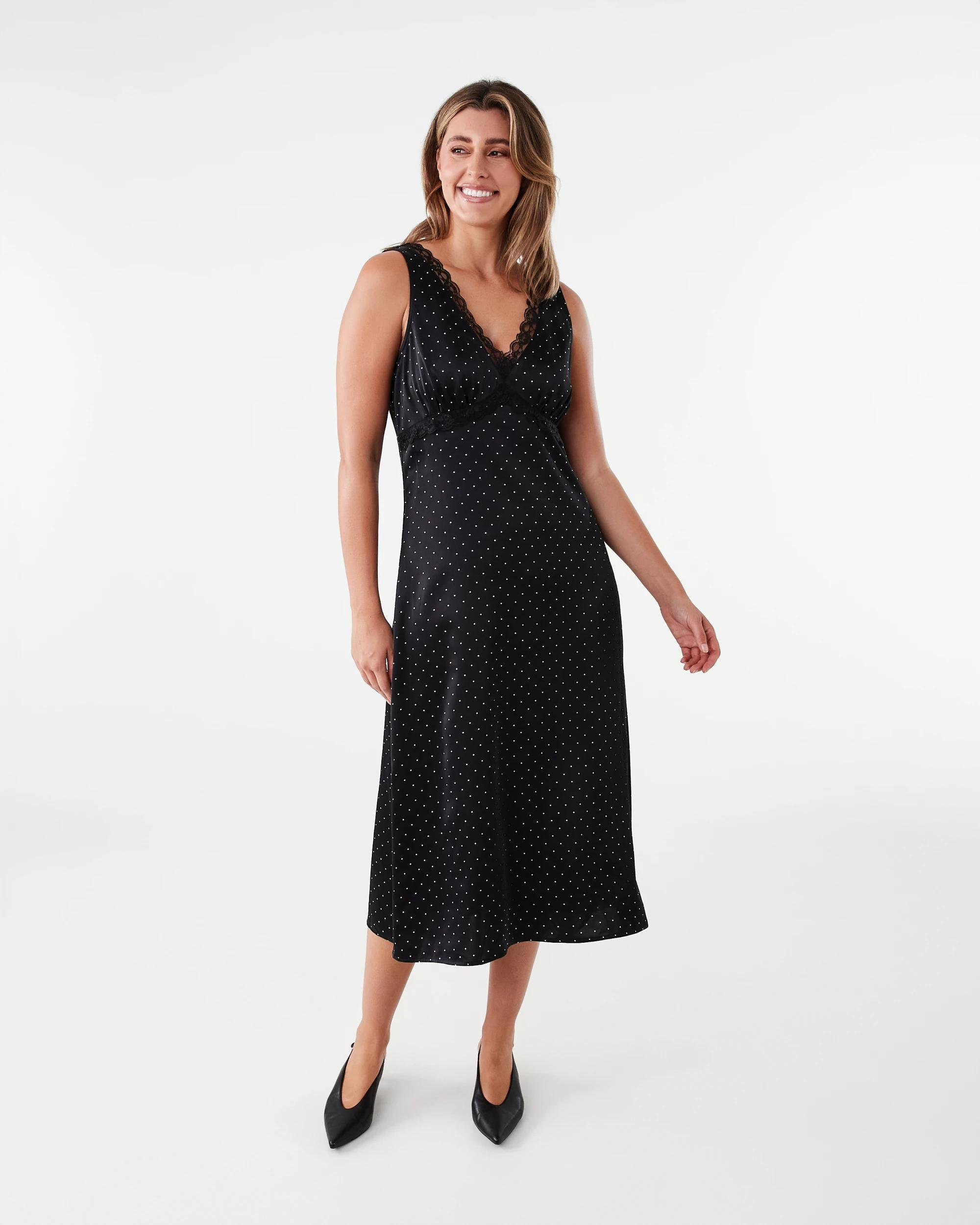 1 Sleeveless Satin Lace V-Neck Midi Dress Spot Blk, 1 of 8