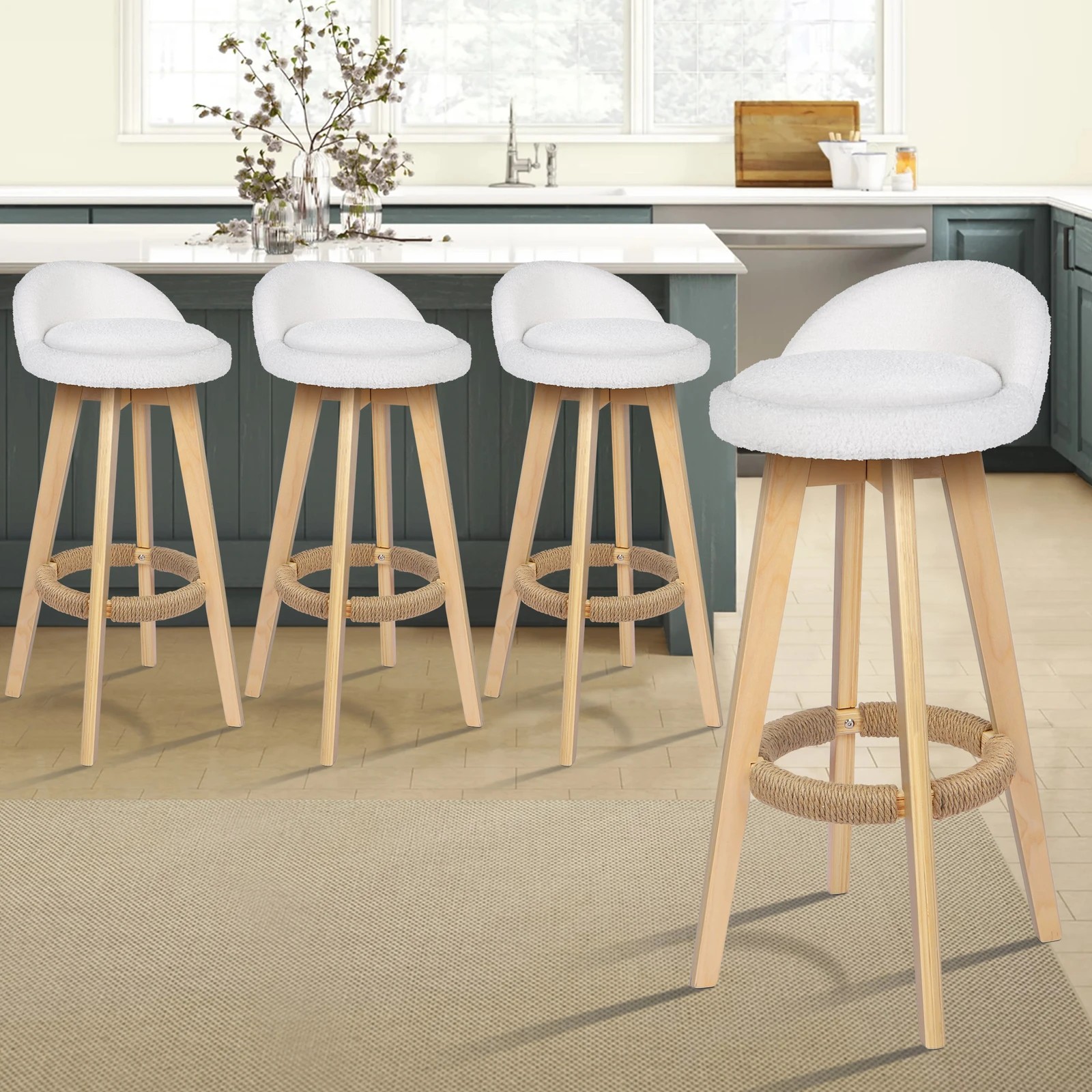 2 Alfordson 4x Kitchen Bar Stools Liam Wooden Swivel Chairs Boucle - White, 2 of 10