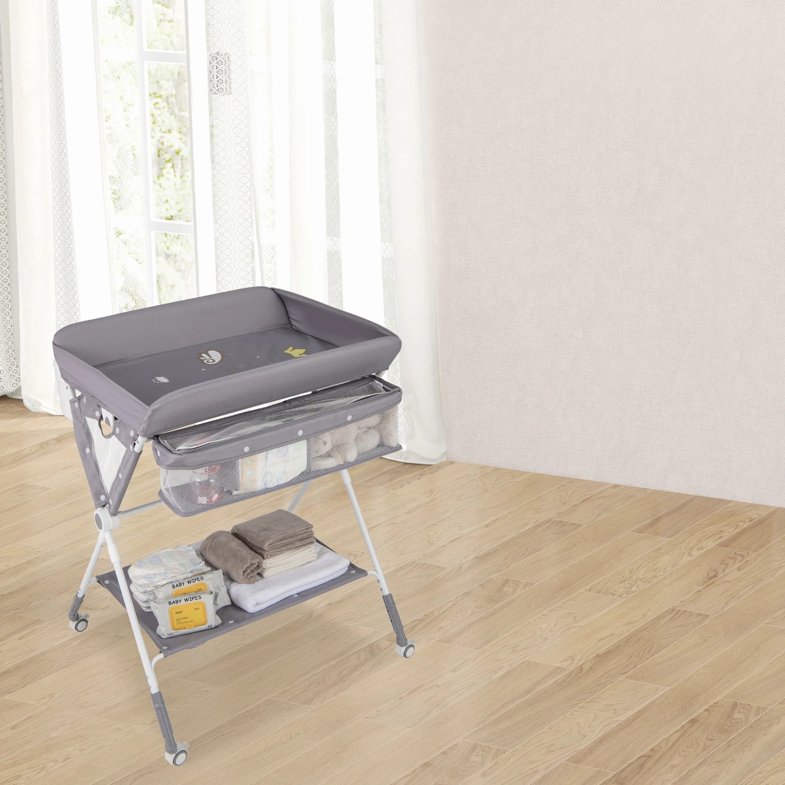 5 Costway Foldable Changing Table Diaper Organizer w/Wheels, 5 of 5