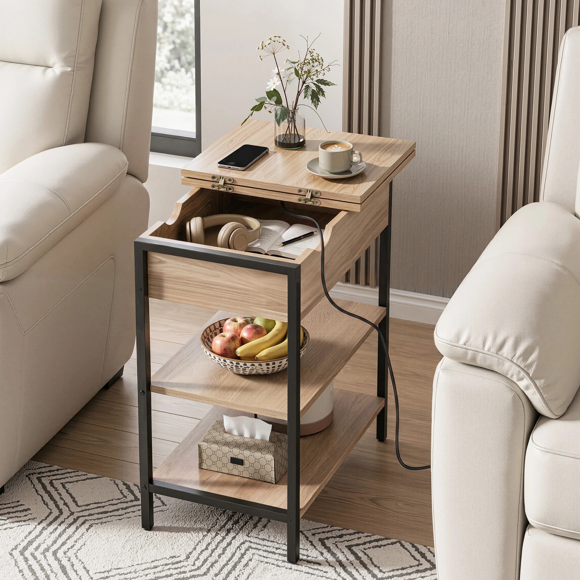 5 Artiss Coffee Table Side Bedside End Table Charging Station Flip-Top Storage 60cm Wood - Black, 5 of 7