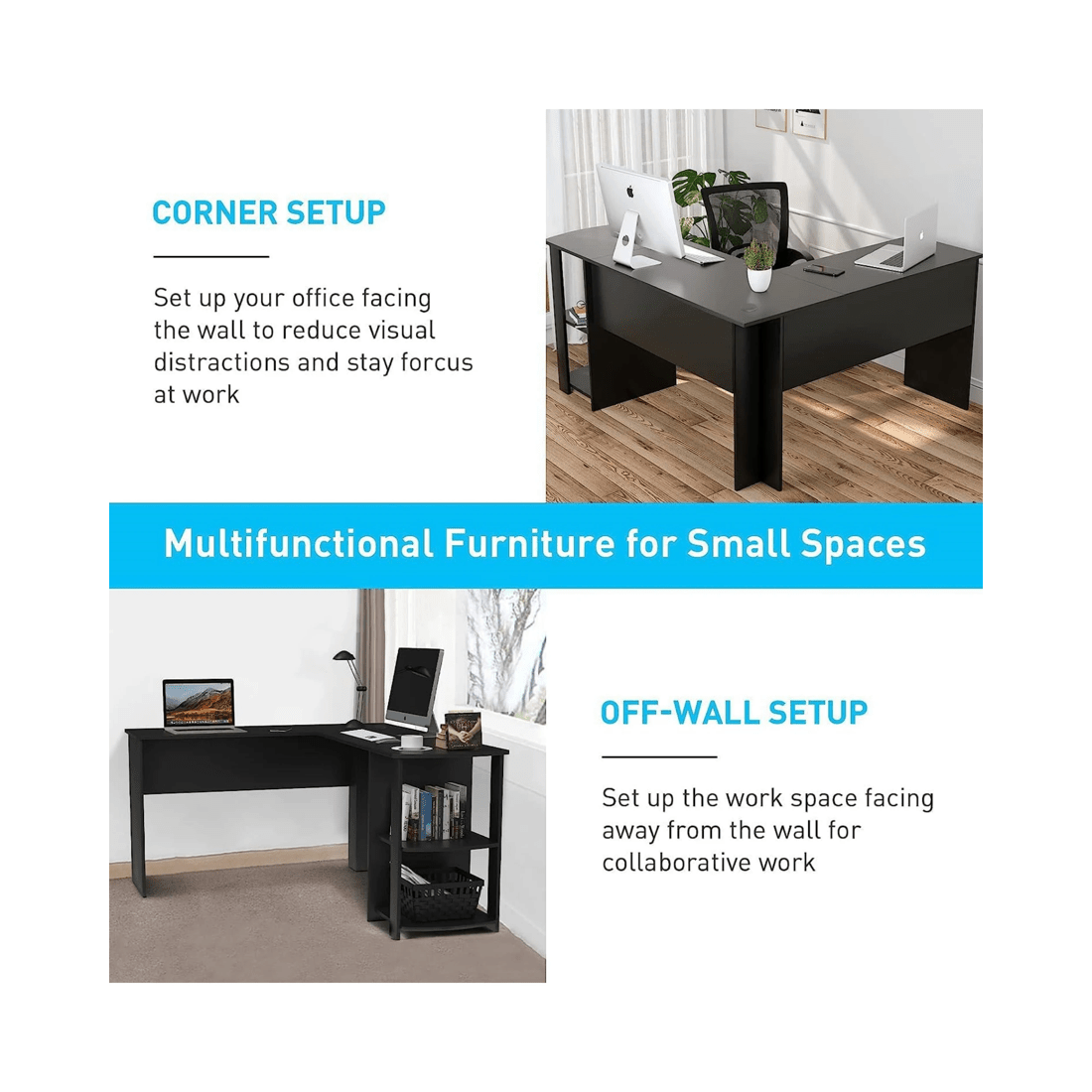 4 Advwin Computer Desk L Shaped Office Desk Corner Study Table Black, 4 of 7
