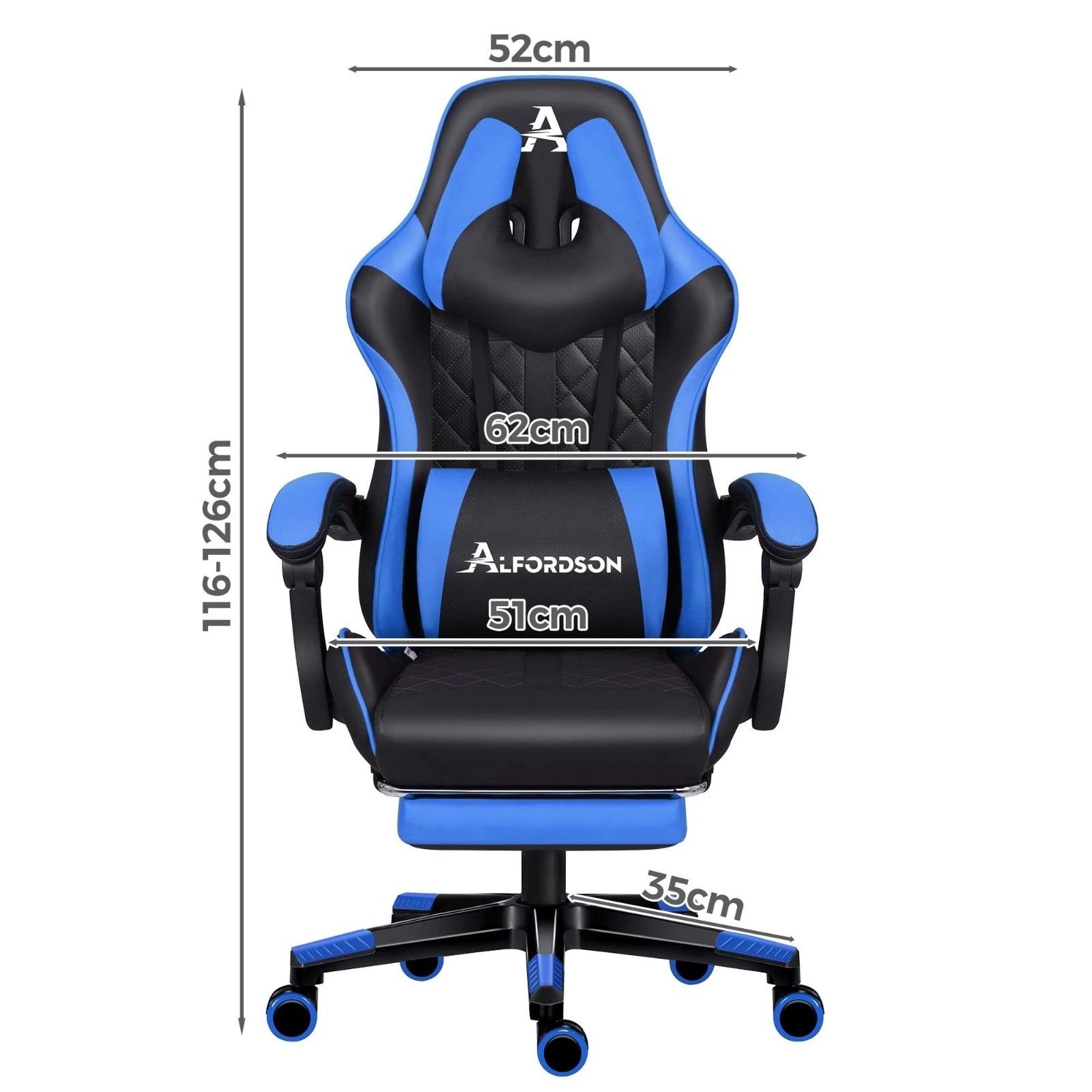 3 Alfordson Gaming Chair Office Racer Large Lumbar Cushion Footrest Seat Leather - Blue, 3 of 10