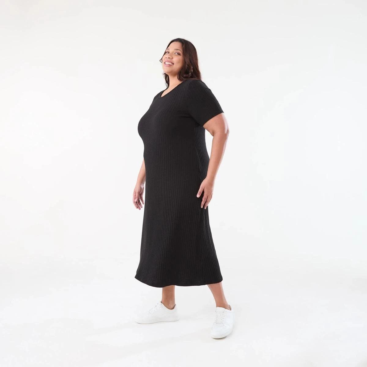 2 Curve Short Sleeve Ribbed Midi Dress BLACK, 2 of 5