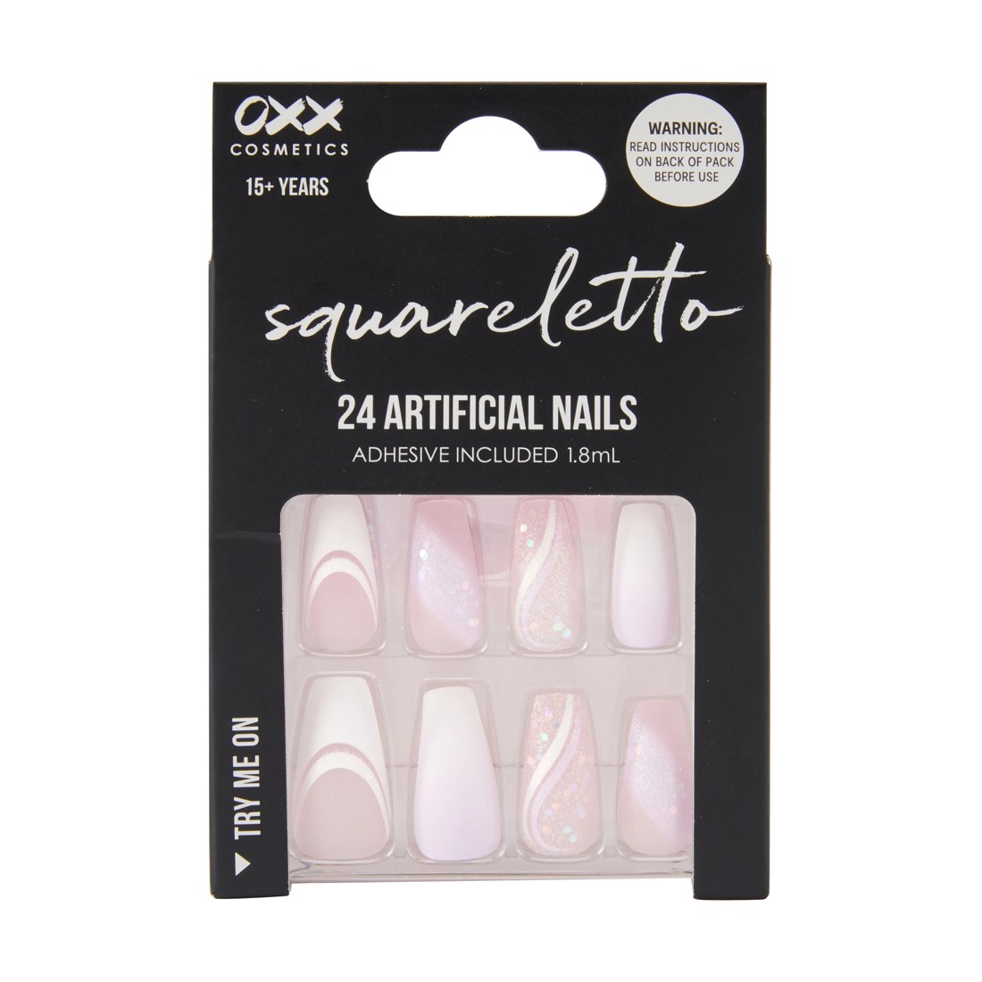 1 OXX Cosmetics 24 Pack Artificial Nails with Adhesive - Squareletto Shape, Pink Glitter, 1 of 4