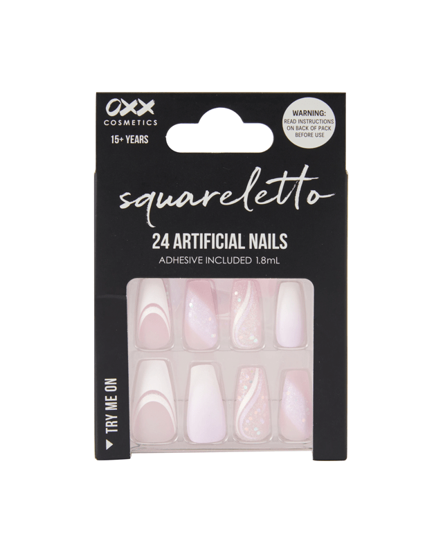 OXX Cosmetics 24 Pack Artificial Nails with Adhesive - Squareletto Shape, Pink Gli