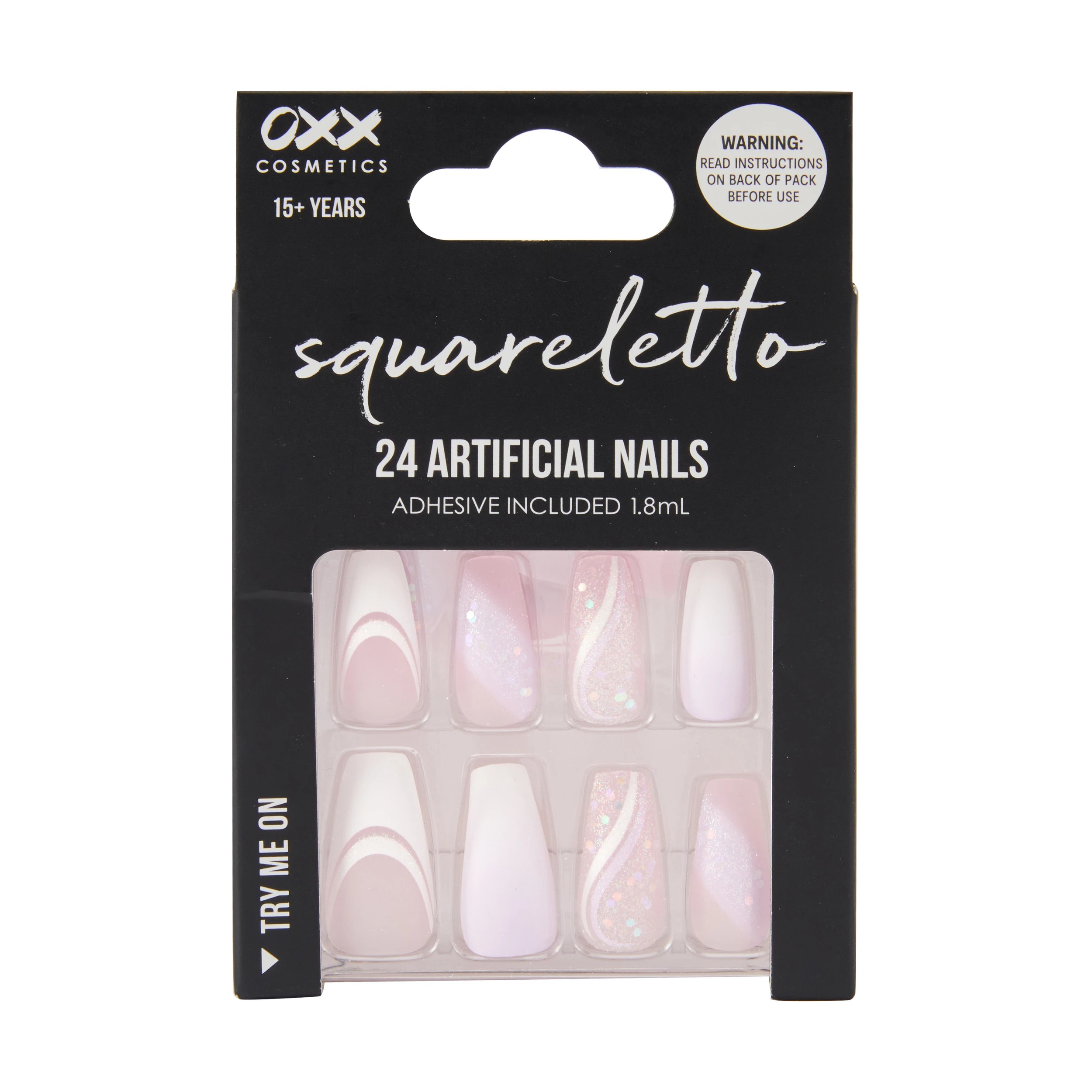 1 OXX Cosmetics 24 Pack Artificial Nails with Adhesive - Squareletto Shape, Pink Glitter, 1 of 4