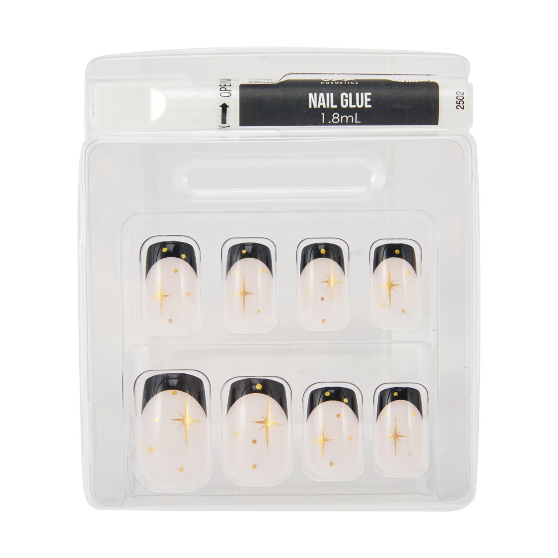 3 OXX Cosmetics 24 Pack Artificial Nails with Adhesive - Medium Square Shape, Black French Tip with Stars, 3 of 4