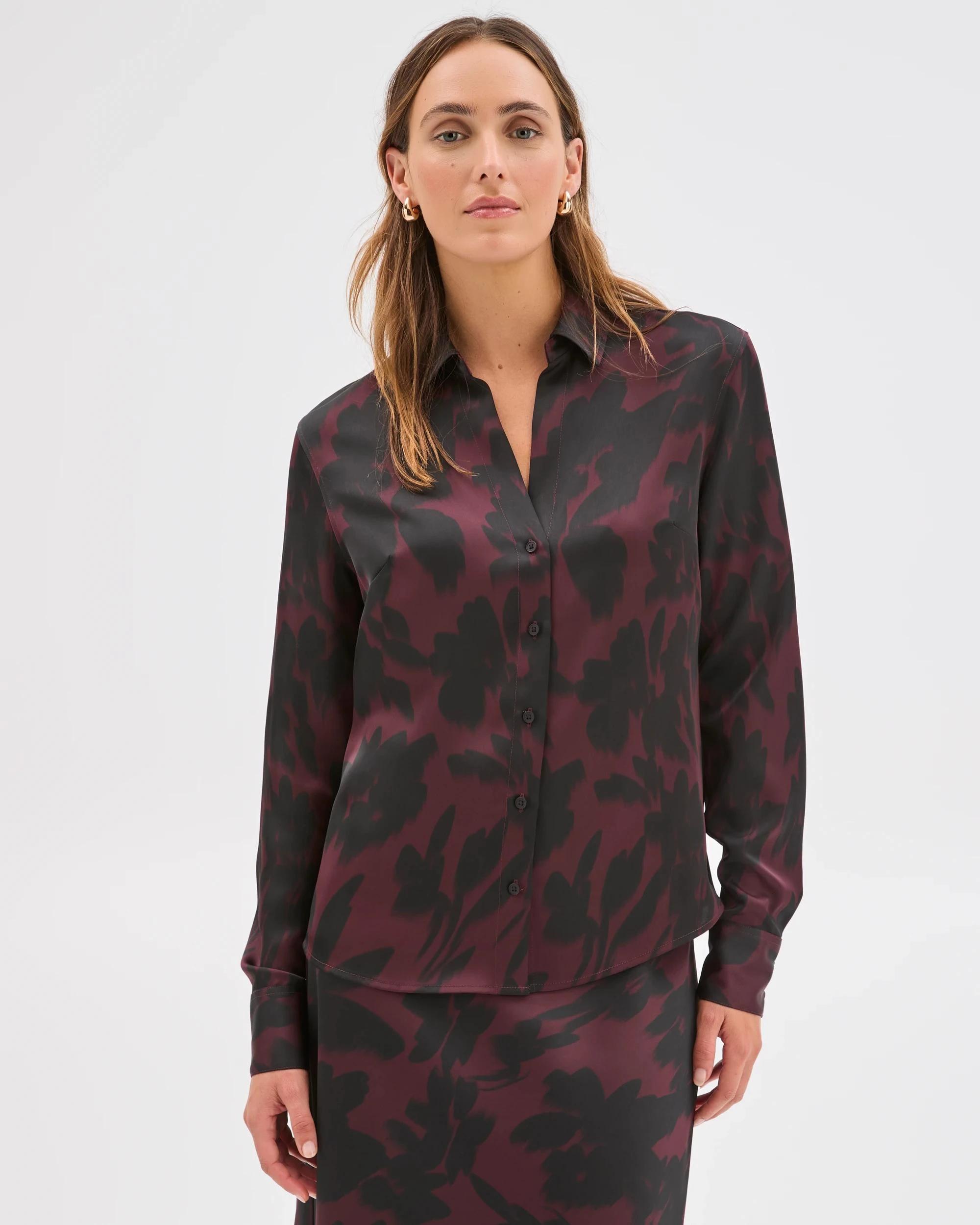 3 Preview Satin Long Sleeve Button Up Shirt FLORAL BLUR, 3 of 7