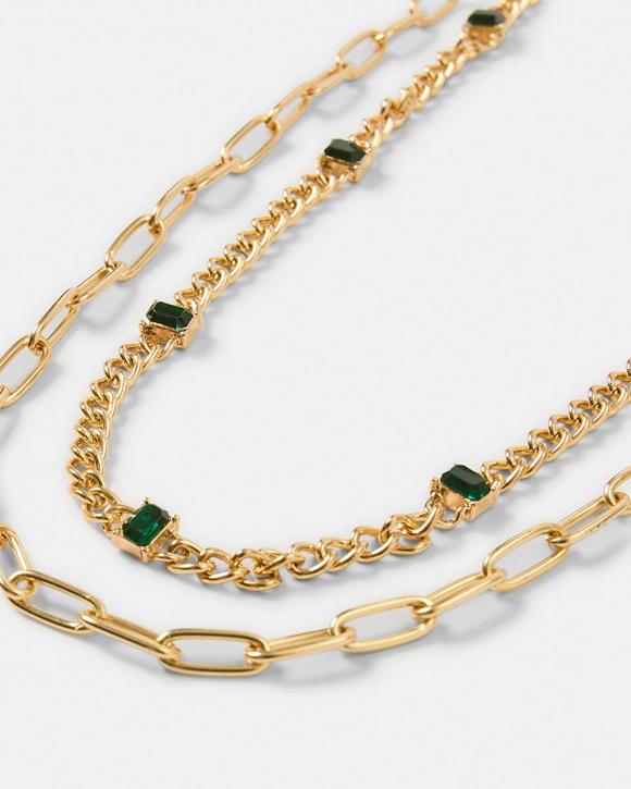 2 Pack Emerald Stone Chain Necklace - Gold Tone