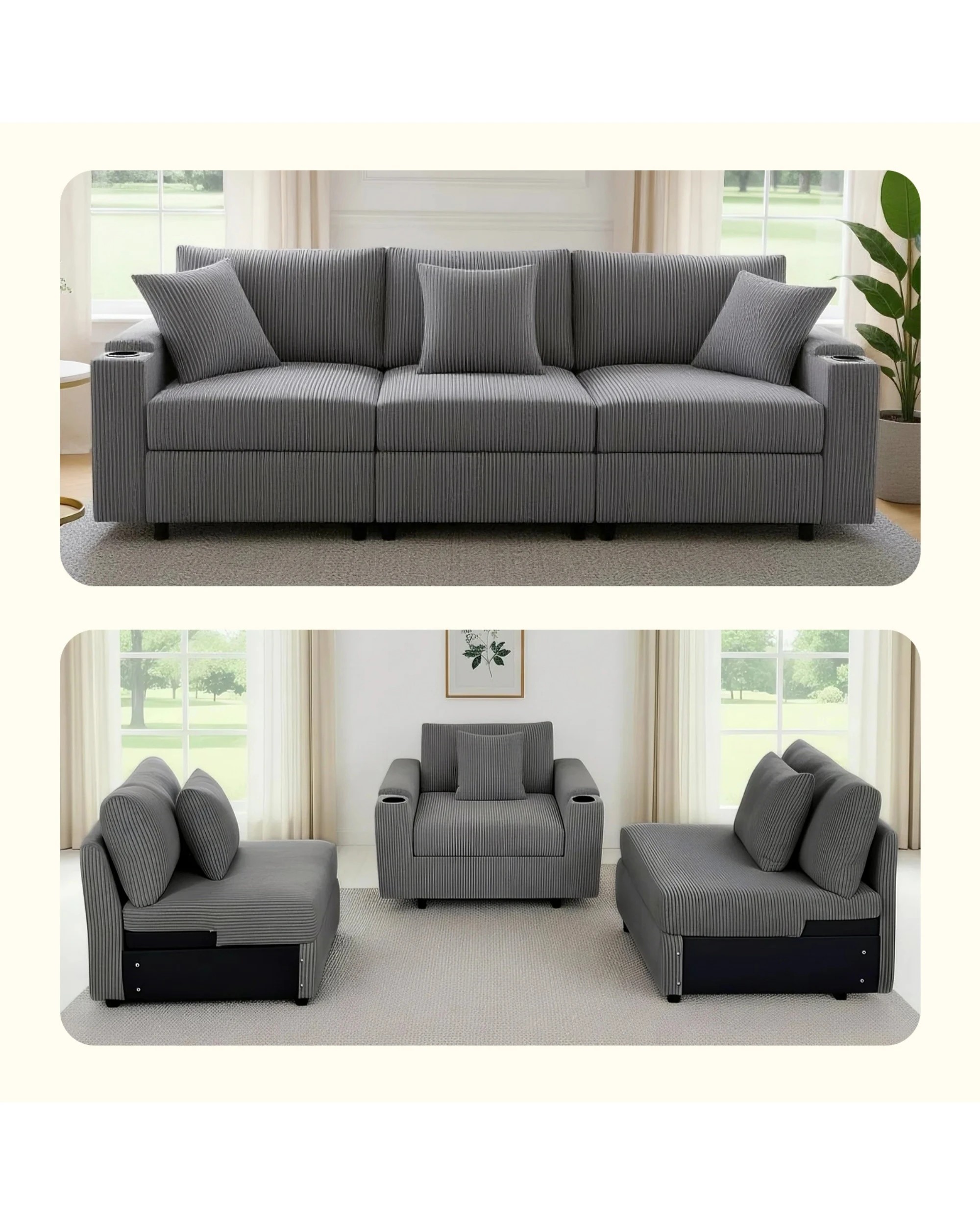 9 Advwin Sofa 256cm Corduroy Modular Couch with Storage Armrests and  Cup Holder - Grey, 9 of 10