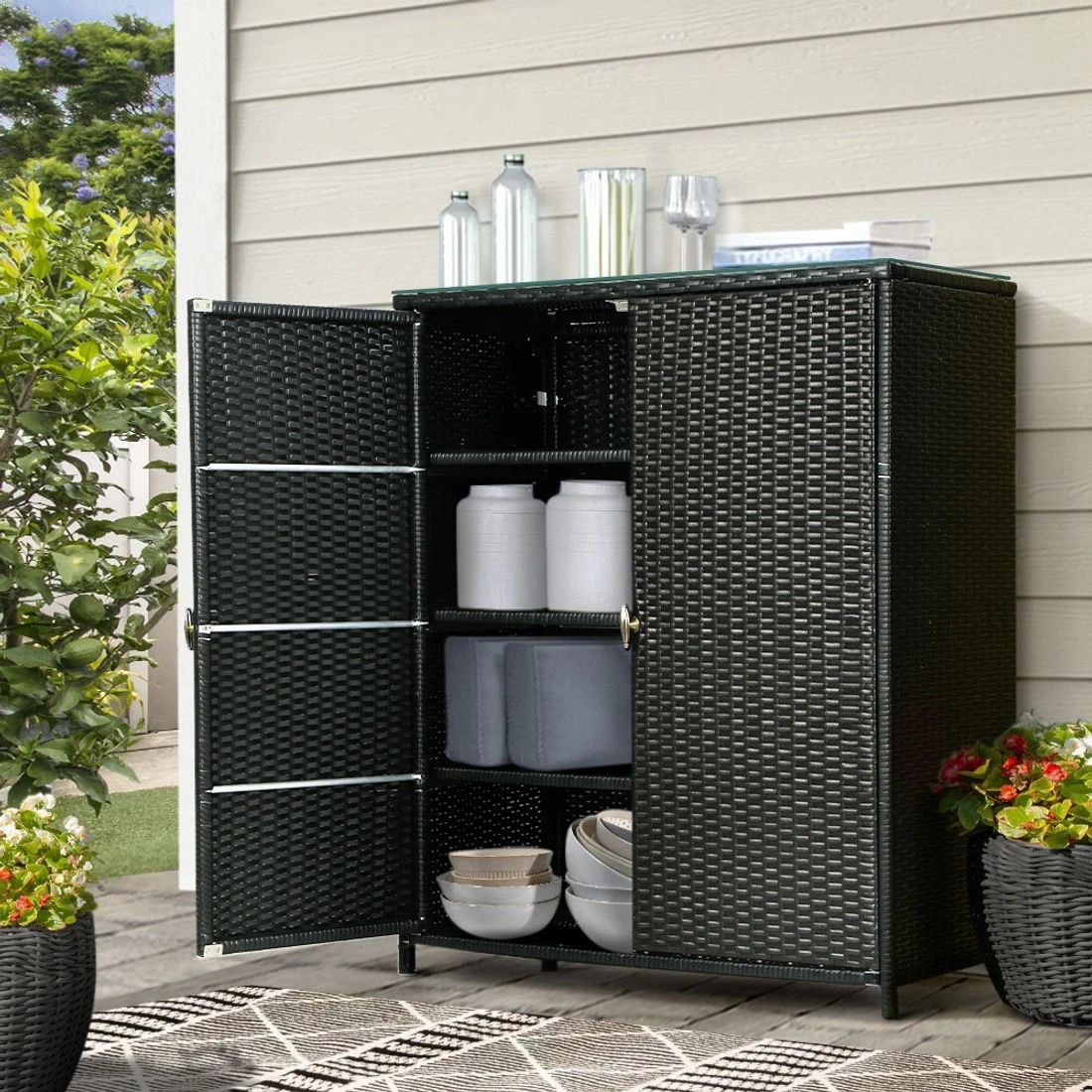 3 Gardeon Outdoor Storage Cabinet Box Garage Wicker Shelf Chest Garden Shed Tools - Black, 3 of 8
