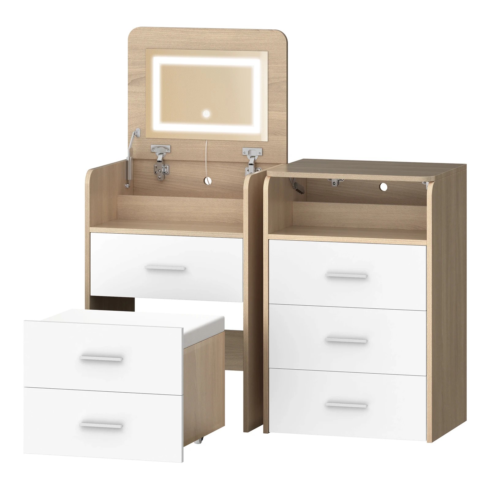 1 Alfordson 2x Dressing Table Stool Set 2-In-1 Makeup Mirror Vanity Desk - Natural, 1 of 10