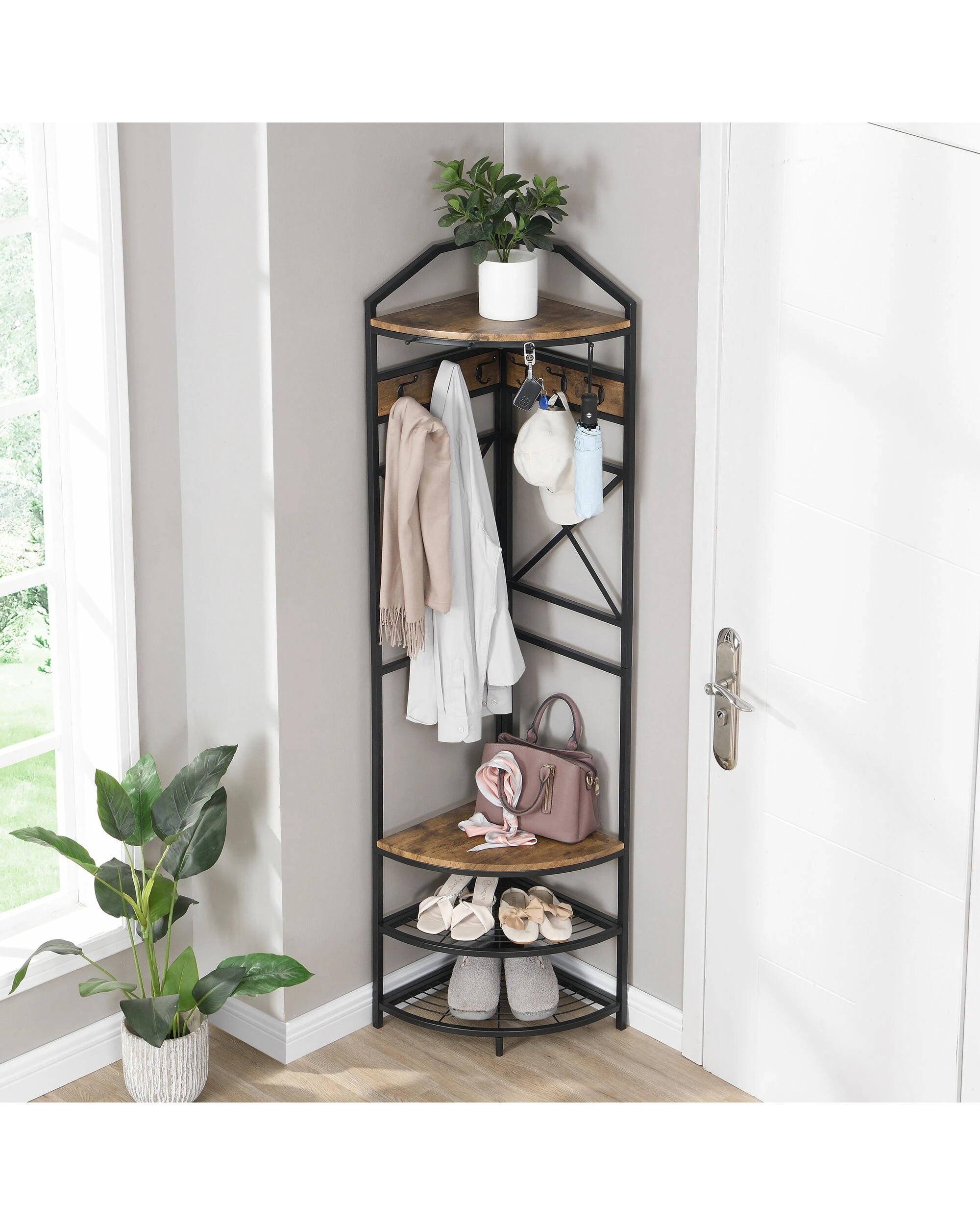 3 IHOMDEC Corner Hall Tree - Brown, 3 of 10