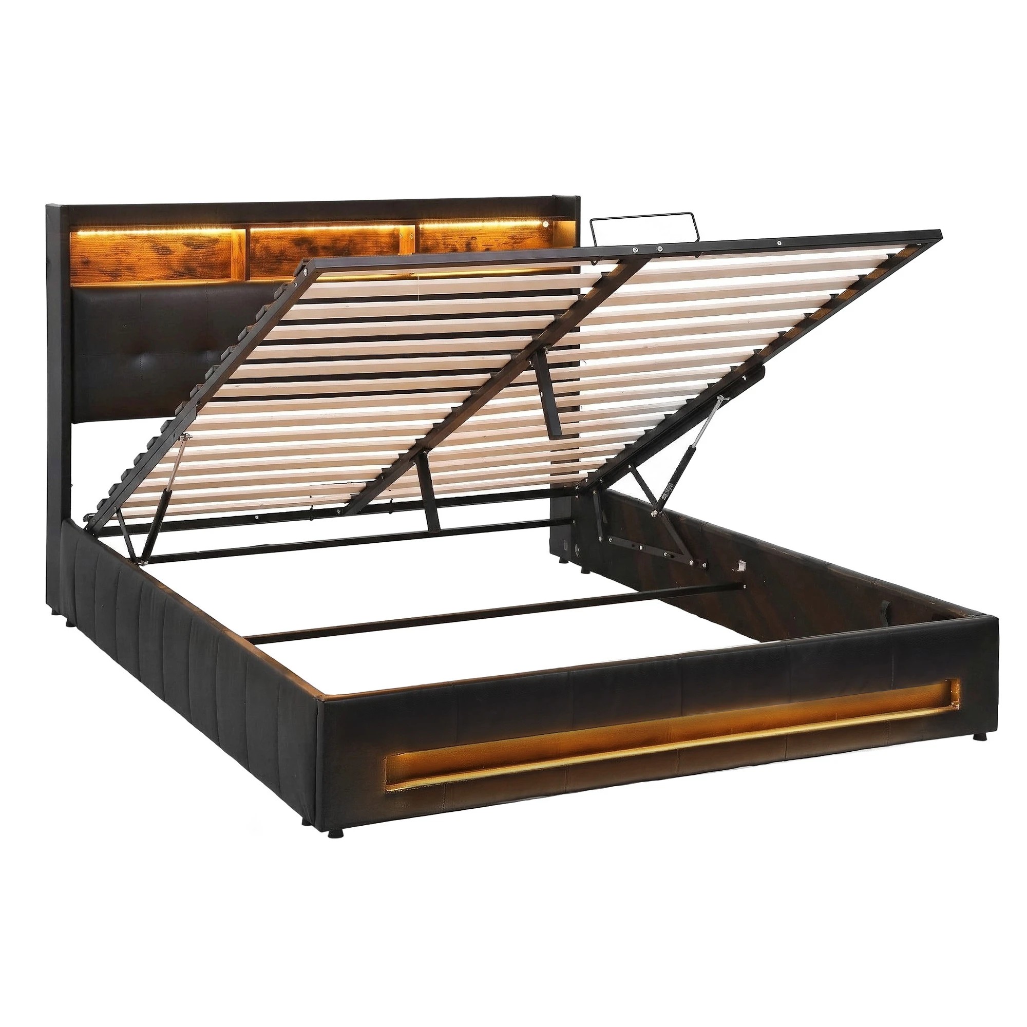 1 Artiss Double Bed Frame Lift Storage LED Lights Charging Station - Black, 1 of 3