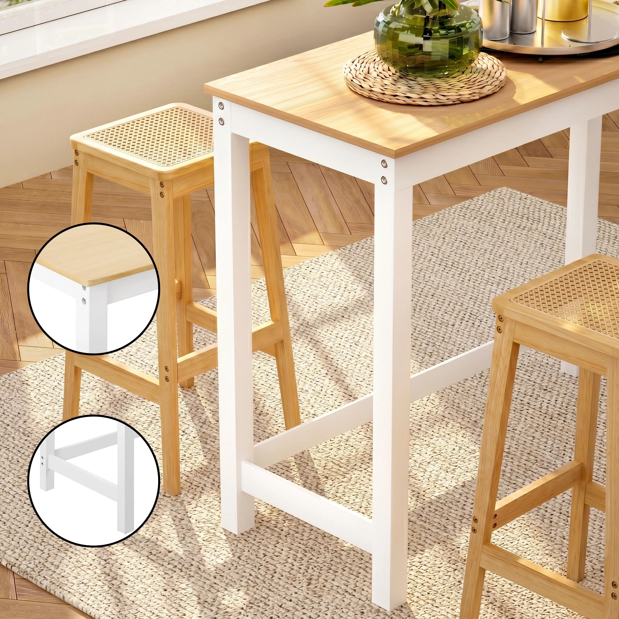 7 Artiss Bar Table and Stools Set Dining Desk Solid Wood Rattan Kitchen Chairs Cafe Pub - Natural, 7 of 9