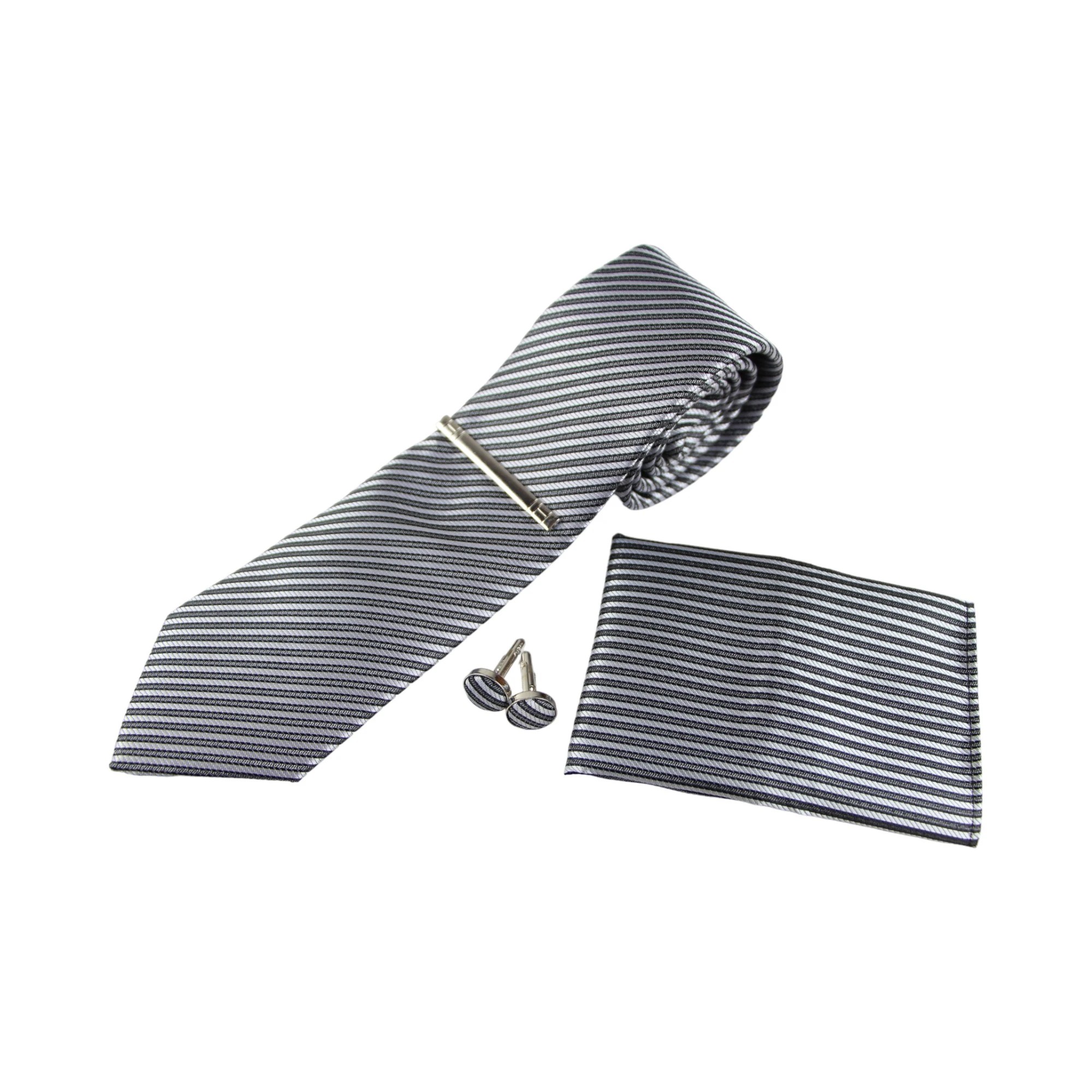 4 Zasel Mens Gunmetal & Silver Striped Matching Neck Tie, Pocket Square, Cuff Links And Tie Clip Set - Multi - Multi, 4 of 4