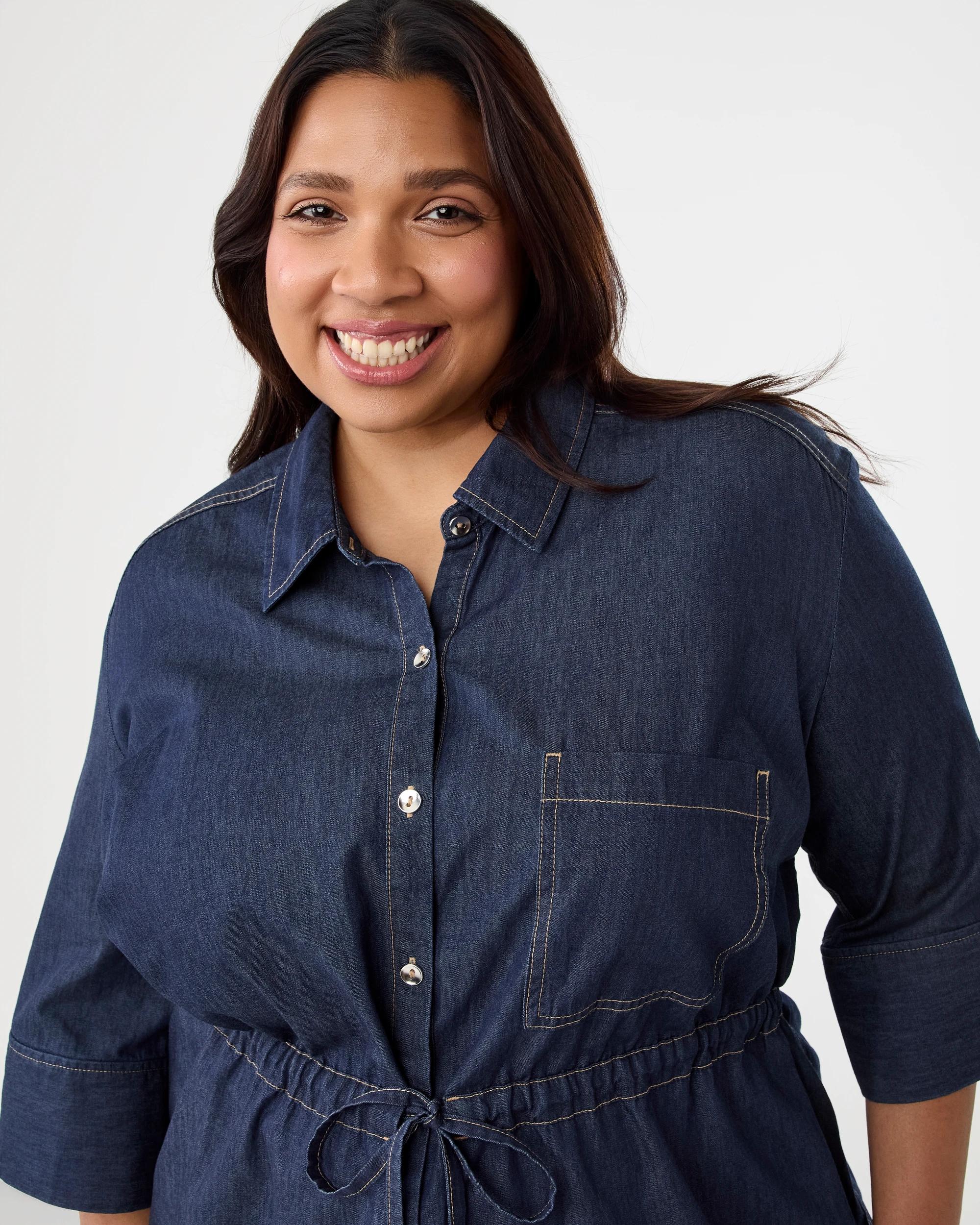4 Curve Chambray Tie Waist Shirt Dark Denim, 4 of 7
