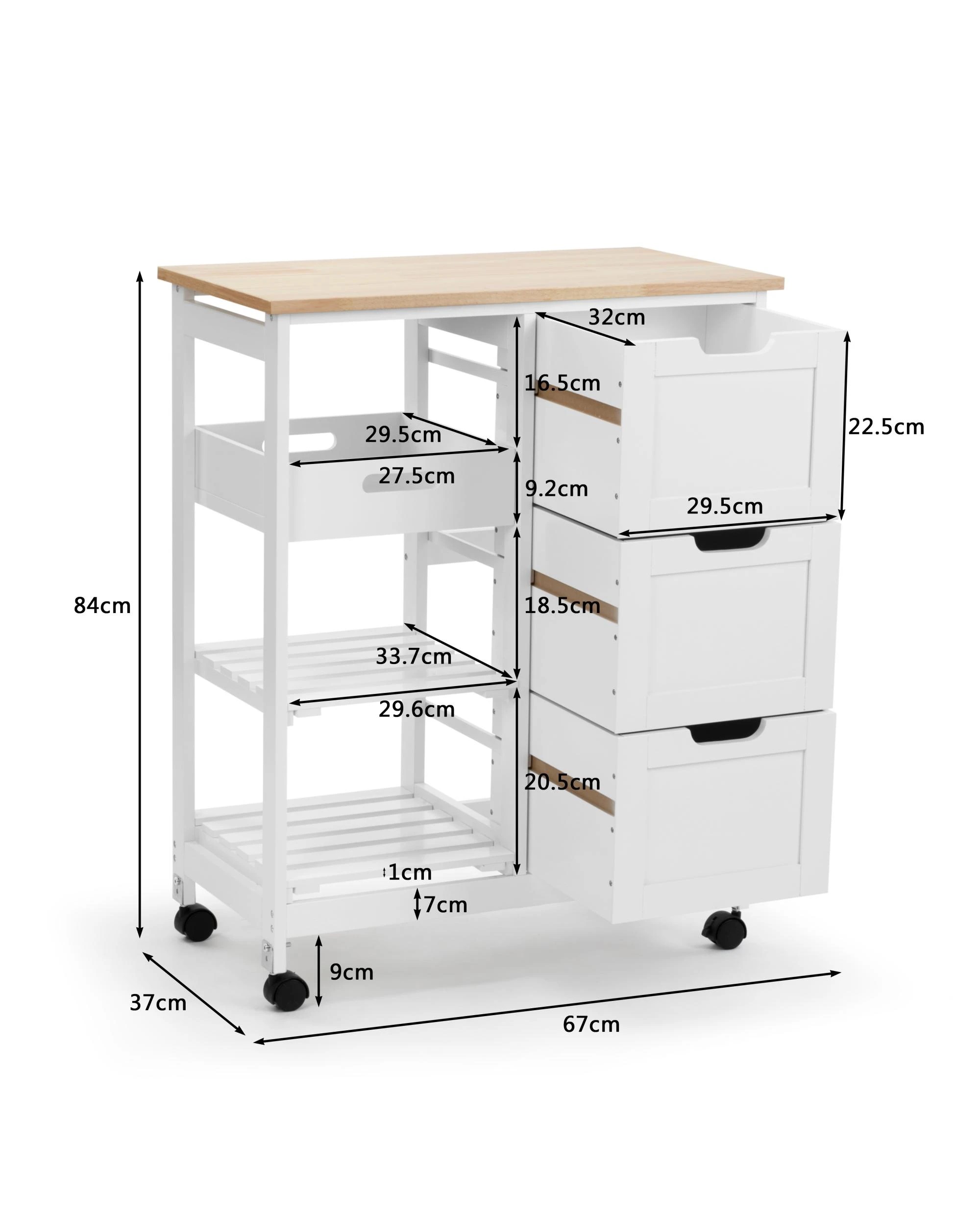 6 Kodu Mobile Kitchen Trolley Drinks Caddy 3 Drawers 2 Shelves White and Oak, 6 of 6