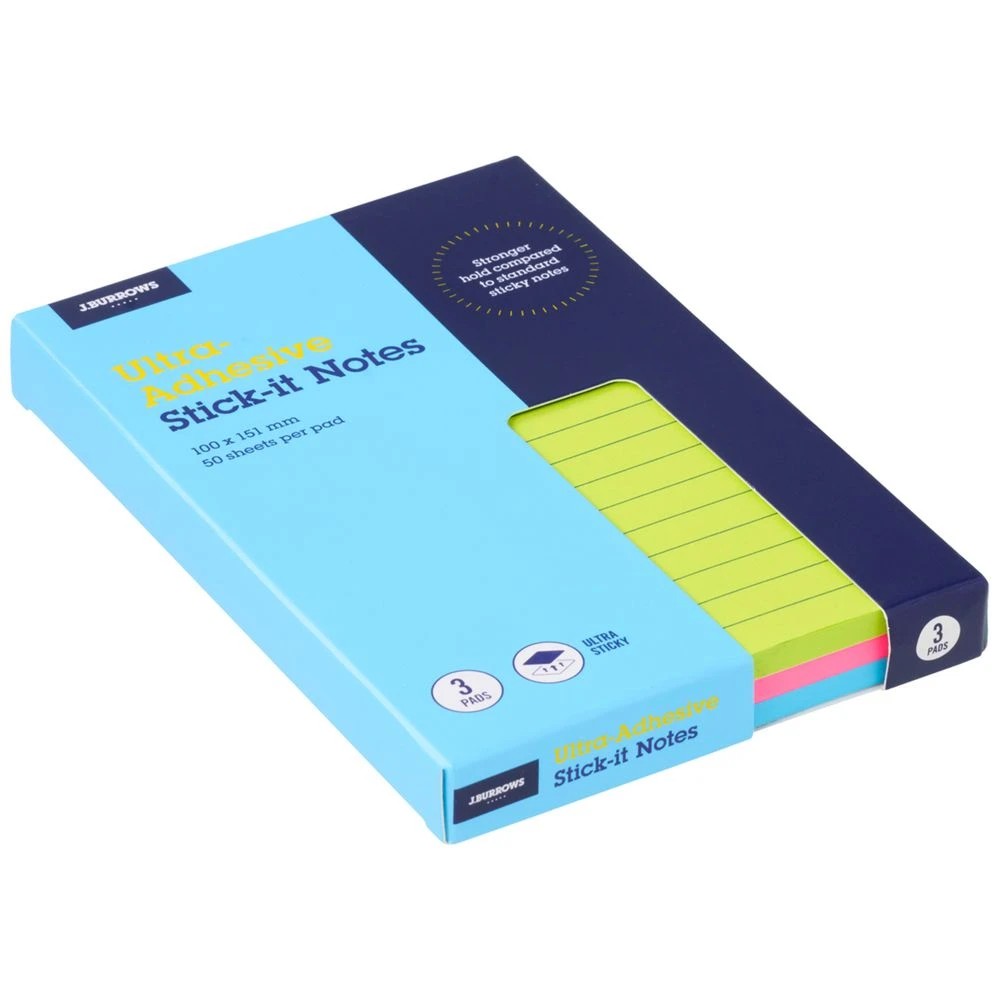 1 J.Burrows Ultra Stick-it Notes 101x152mm Lined Neon 3 Pack, 1 of 4