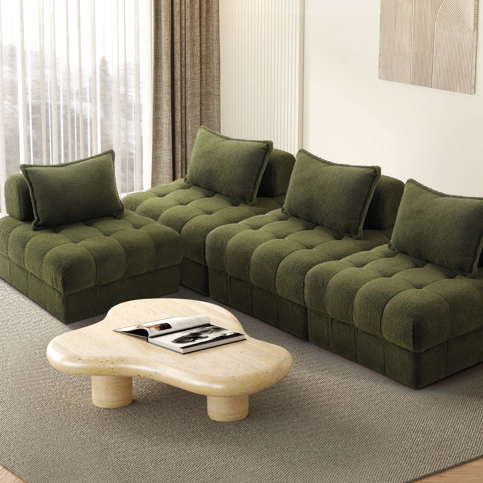 2 Oikiture 4 Seater Boucle Modular Sofa Lounge Chair Armless Tofu Back
 - Green - Green, 2 of 10