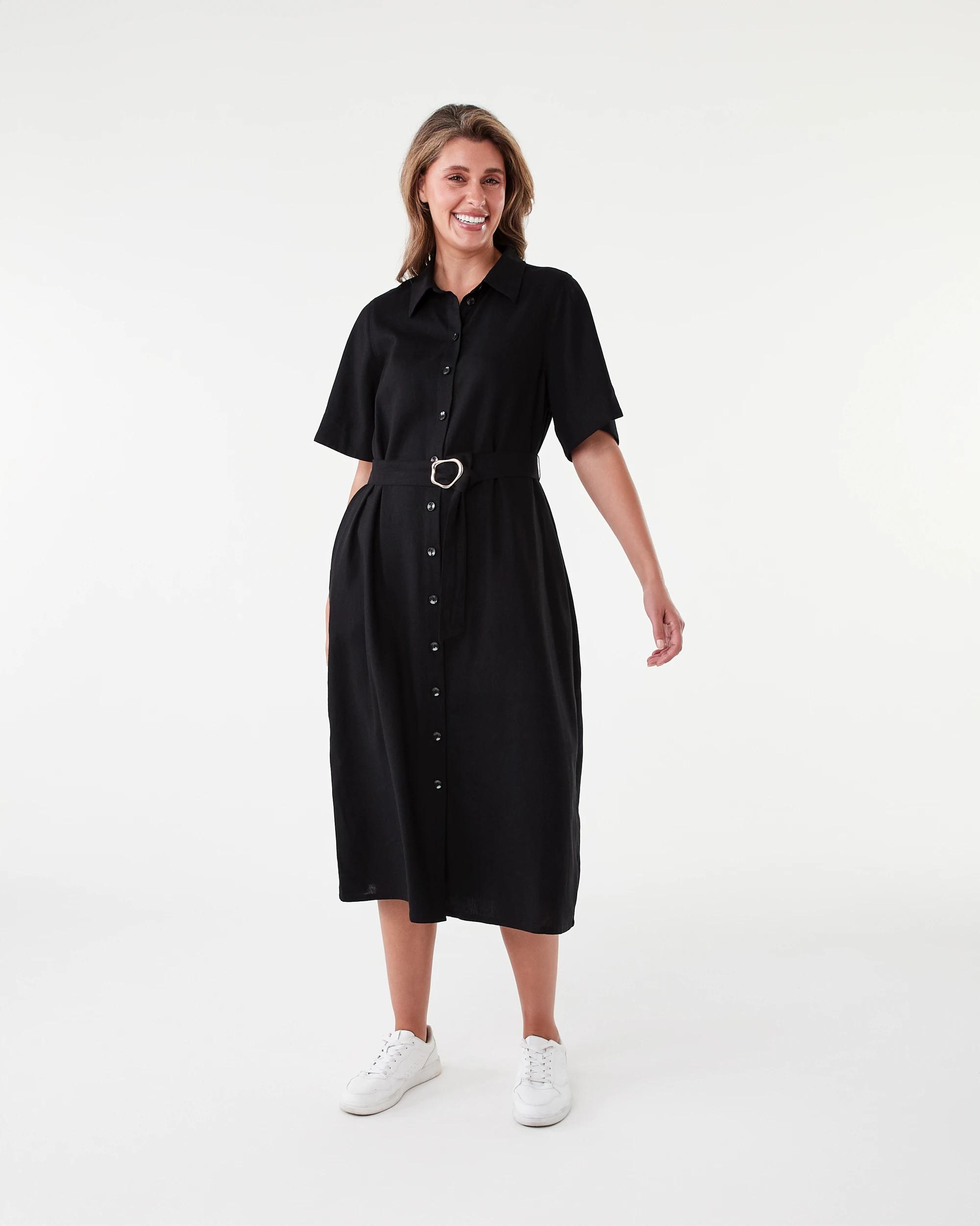 1 Short Sleeve Belted Midi Shirt Dress Black, 1 of 7
