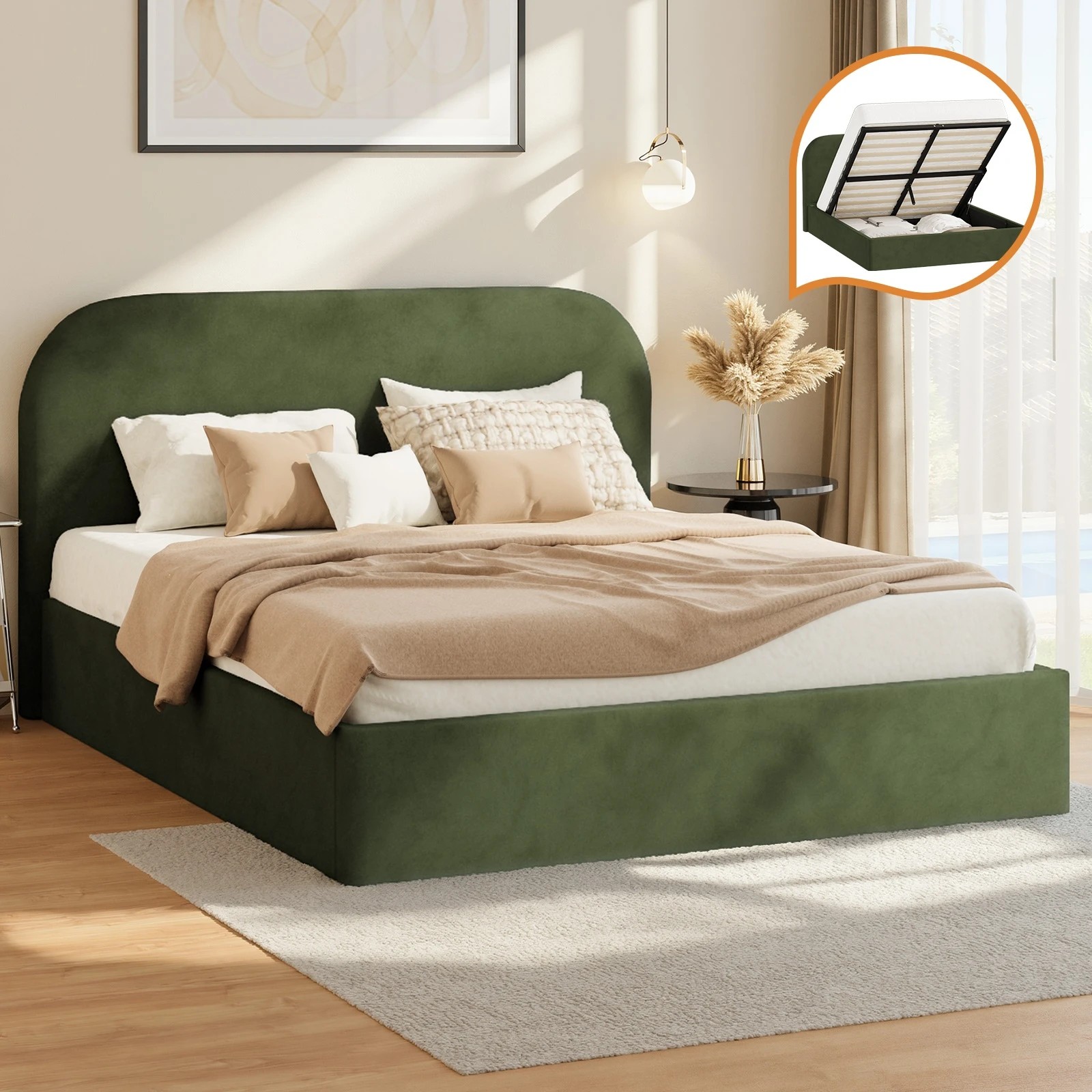 3 Oikiture Double Bed Frame with Gas Lift Storage Mattress Base Velvet - Green, 3 of 8