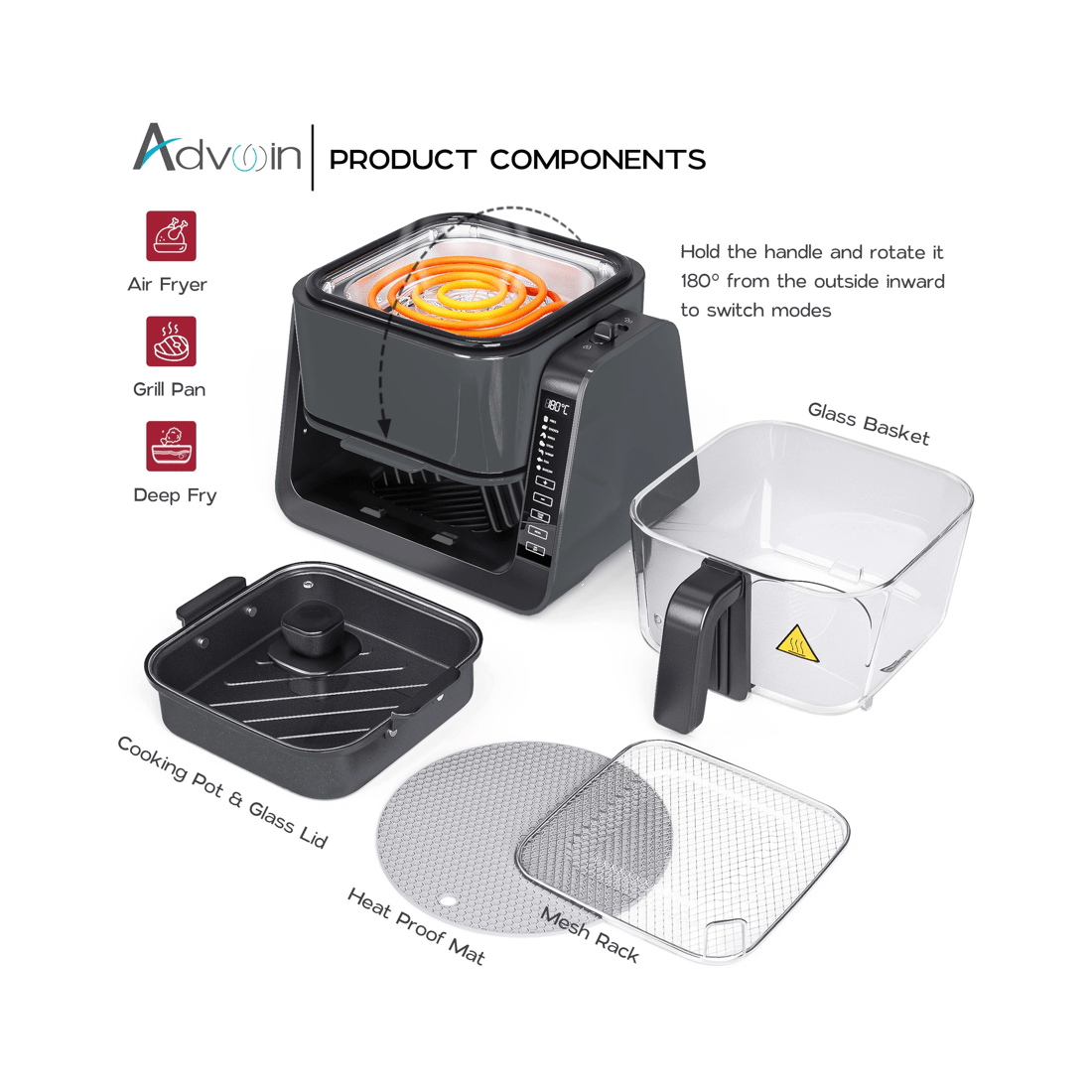 2 Advwin Dual Zone Air Fryer & Bbq Grill | Oil-less Top Grill & Bottom Fryer, 6l Digital Touch Screen Cooker, Grey, 2 of 9