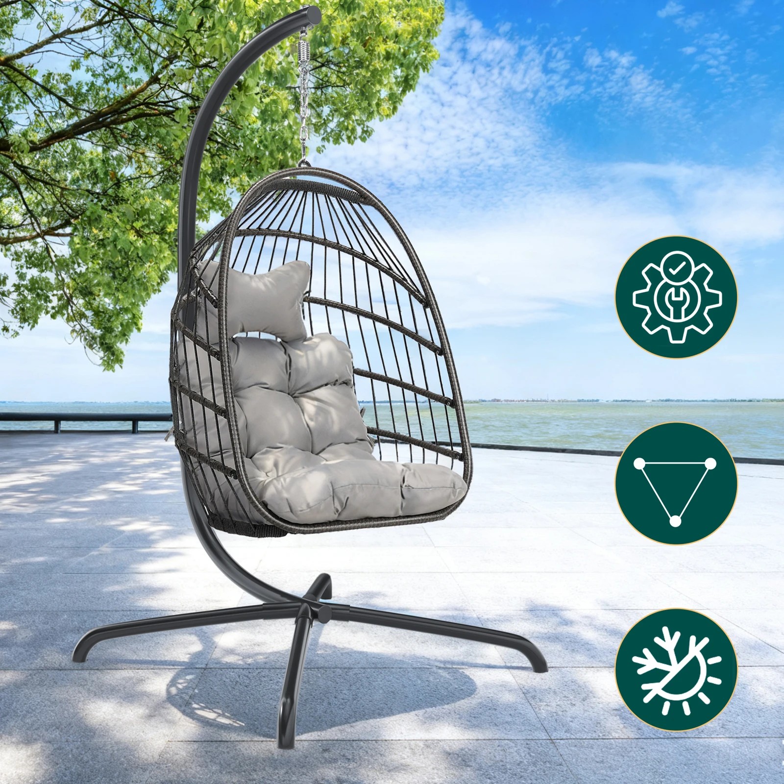 3 Alfordson Outdoor Egg Swing Chair Wicker Rattan Pod Foldable Seat - Light Grey, 3 of 10