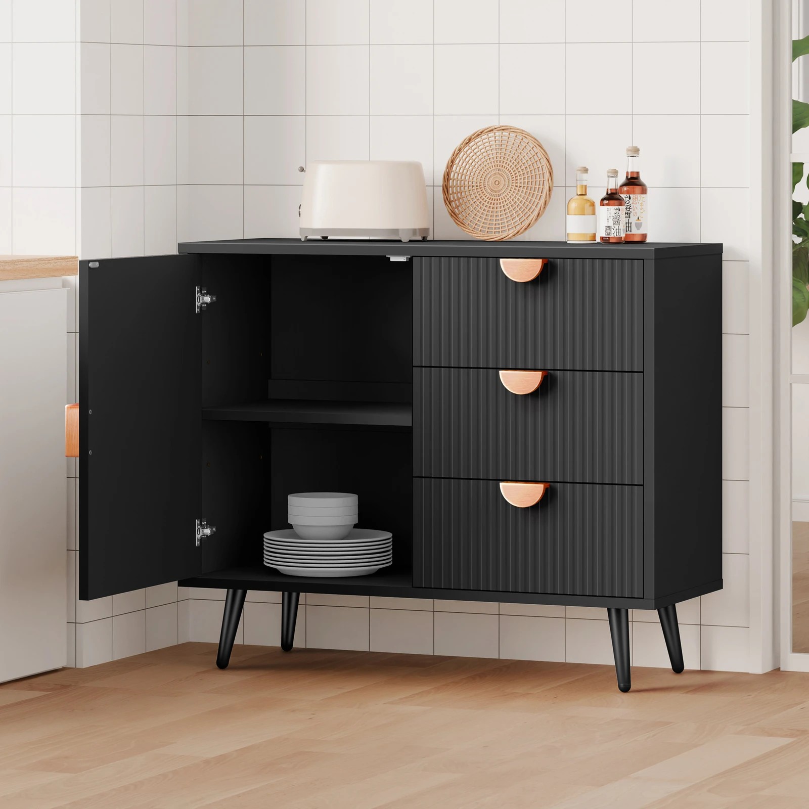 3 Alfordson Buffet Sideboard Cabinet Storage Cupboard Kitchen Doors Drawers - Black, 3 of 10