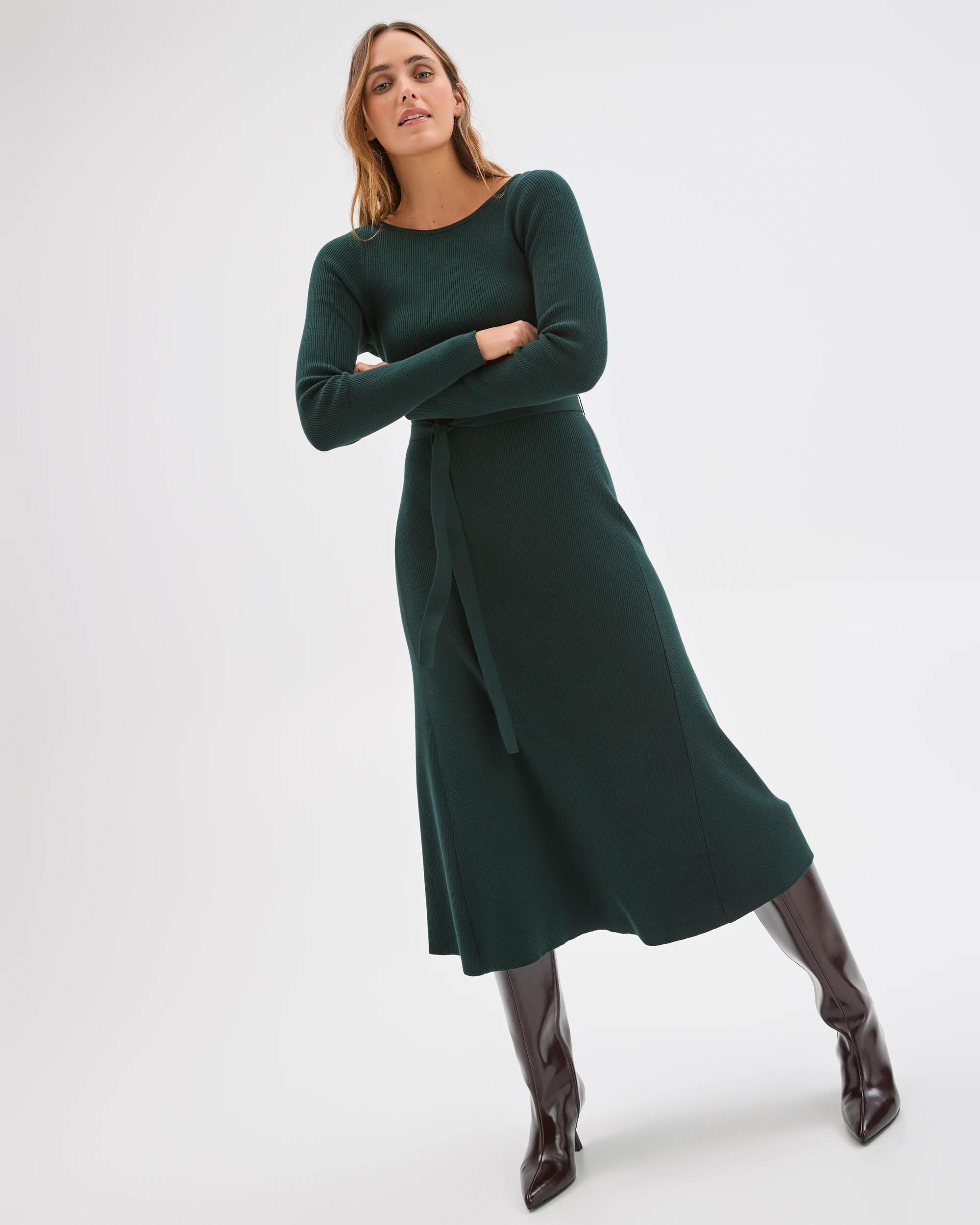 1 Preview Australian Cotton Blend Long Sleeve Knit Midi Dress MID JADE, 1 of 3