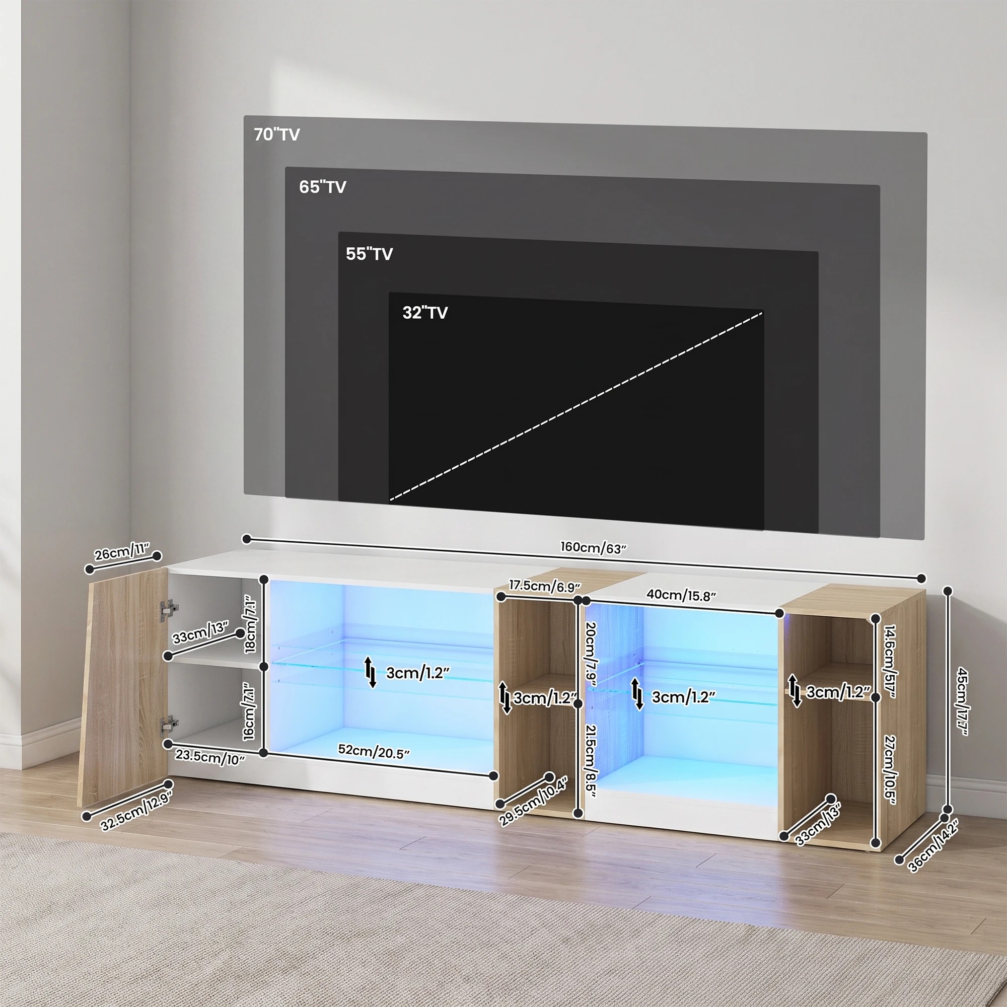 2 Advwin 160cm LED TV Unit Cabinet Gaming Entertainment Center w/ Adjustable Glass Shelves & Cabinet White, 2 of 9