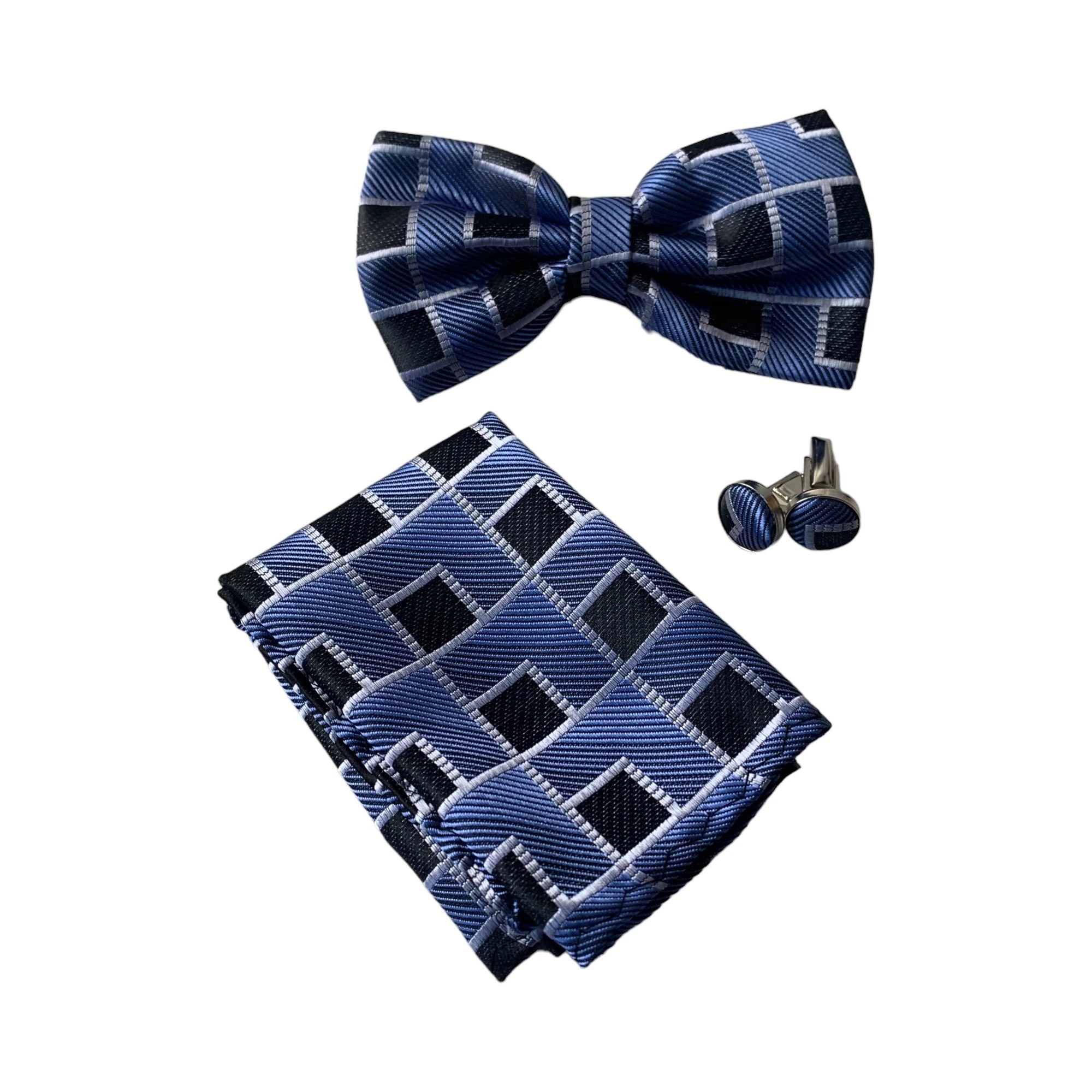 2 Zasel Mens Cornflower Blue Rectilinear Matching Bow Tie, Pocket Square & Cuff Links Set - Multi, 2 of 4