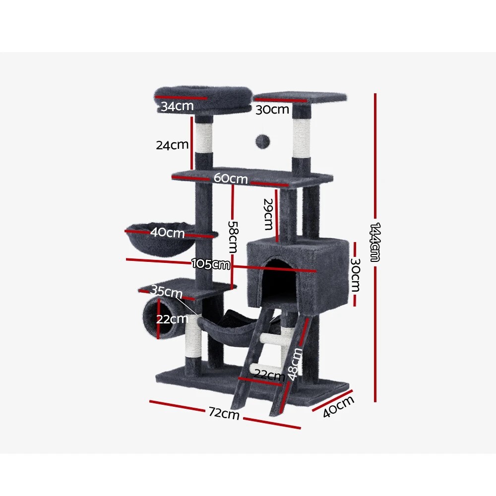 2 i.Pet Cat Tree 144cm Tower Scratching Post Scratcher Wood Condo Toys House Bed - Grey, 2 of 5