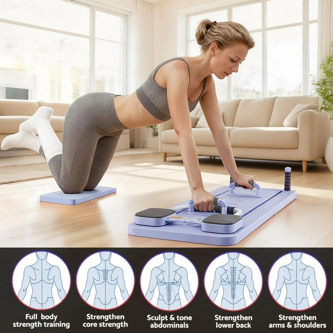 5 Everfit Pilates Board Foldable Reformer Multi Functional Exercise Trainer Purple - Purple, 5 of 10