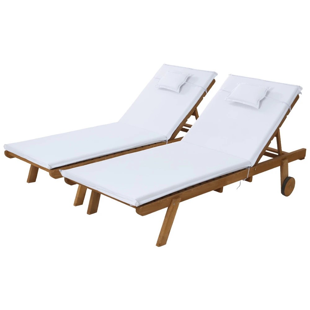 1 Gardeon 2x Sun Lounge Wooden Lounger Outdoor Furniture Day Bed Wheel Patio - White, 1 of 4