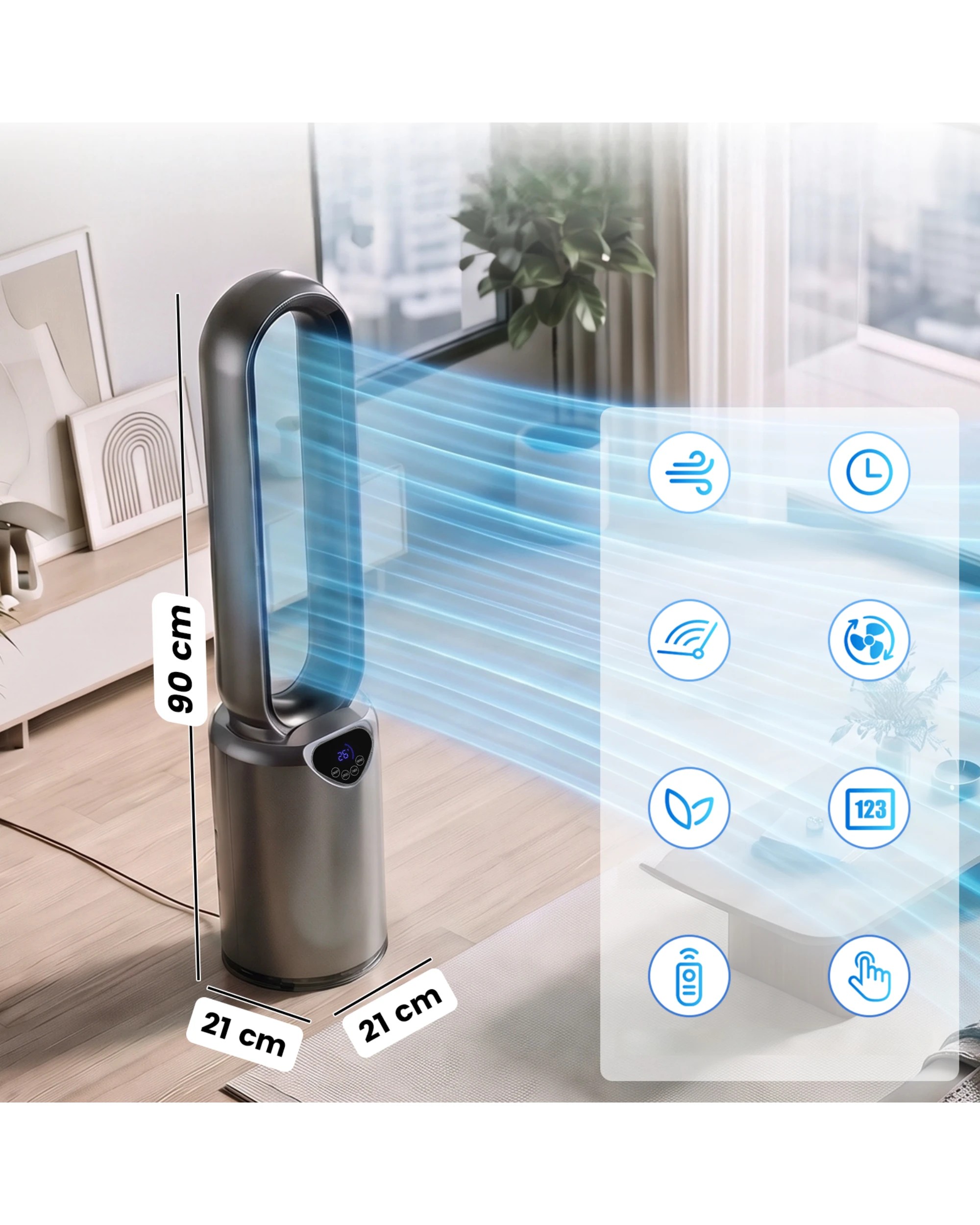 2 Advwin Bladeless Tower Fan with Air Purification Filter 24 Speeds 70° Oscillation 12H Timer Remote - Grey, 2 of 8