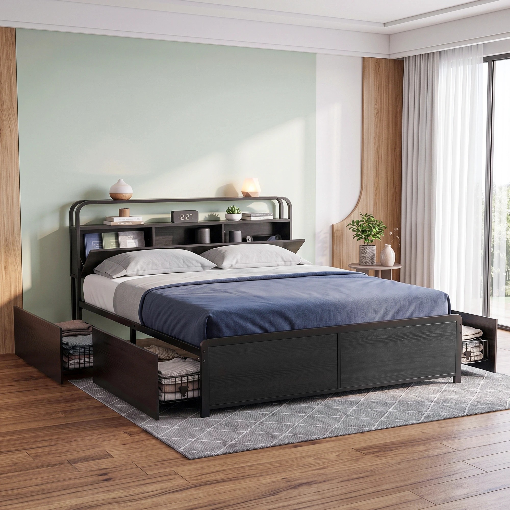 8 Artiss Metal Bed Frame 4 Drawers Hidden Storage Headboard HEDY  - King Bed - Black, 8 of 8