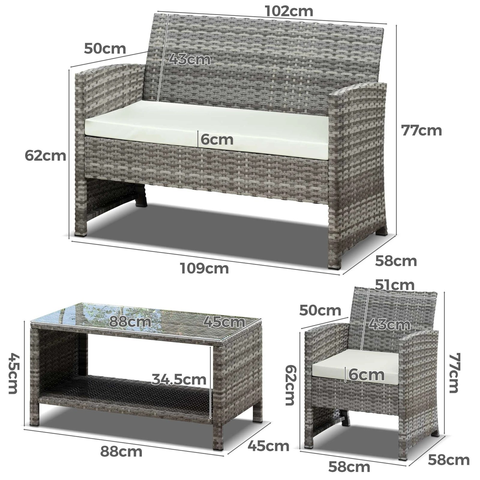 6 Alfordson Outdoor Furniture 4PCS Garden Patio Chairs Table Set Wicker - Grey, 6 of 10