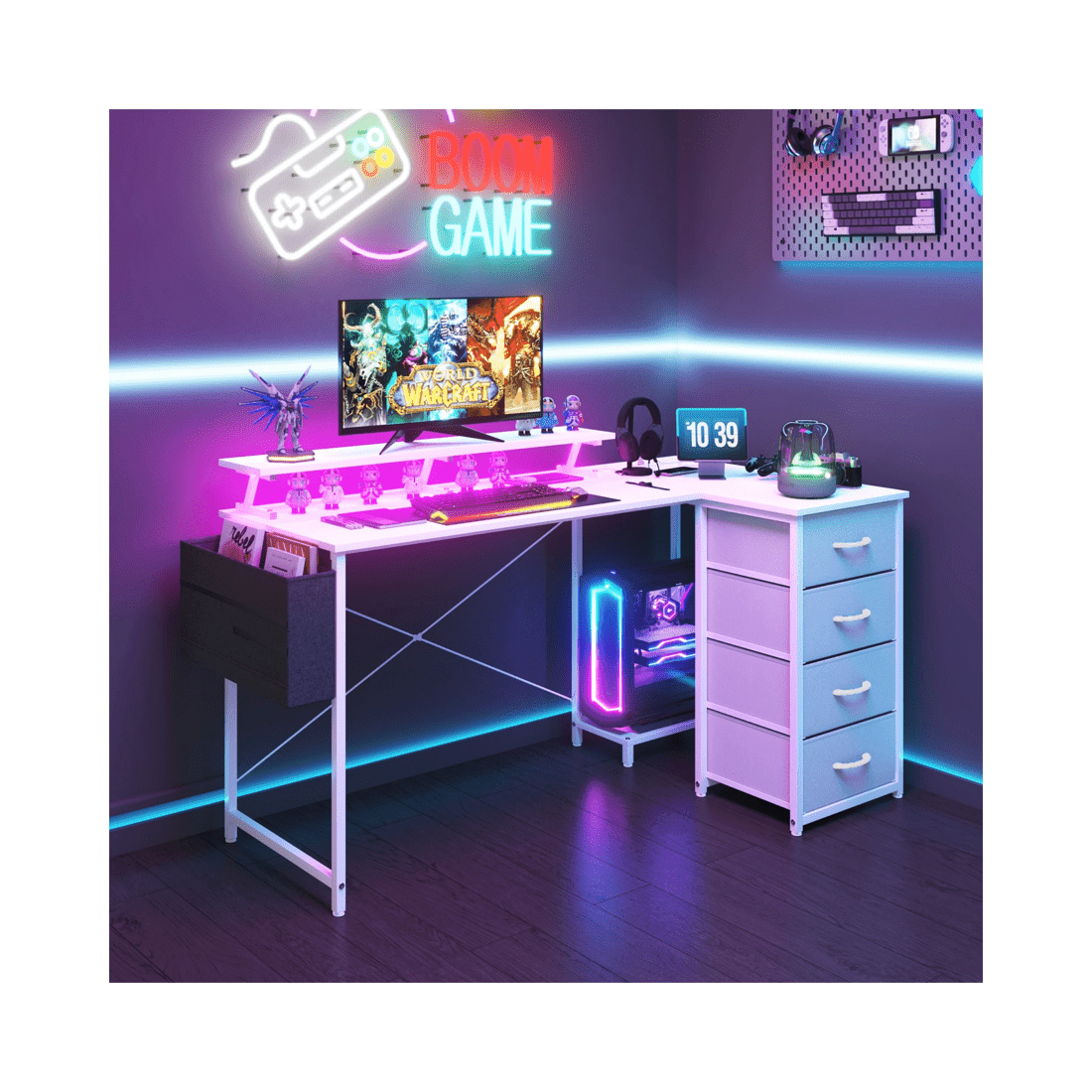 10 Advwin L Shaped Gaming Desk 140cm With Led Lights & Power Outlets Convertible Computer Desk With Monitor Stand White, 10 of 10