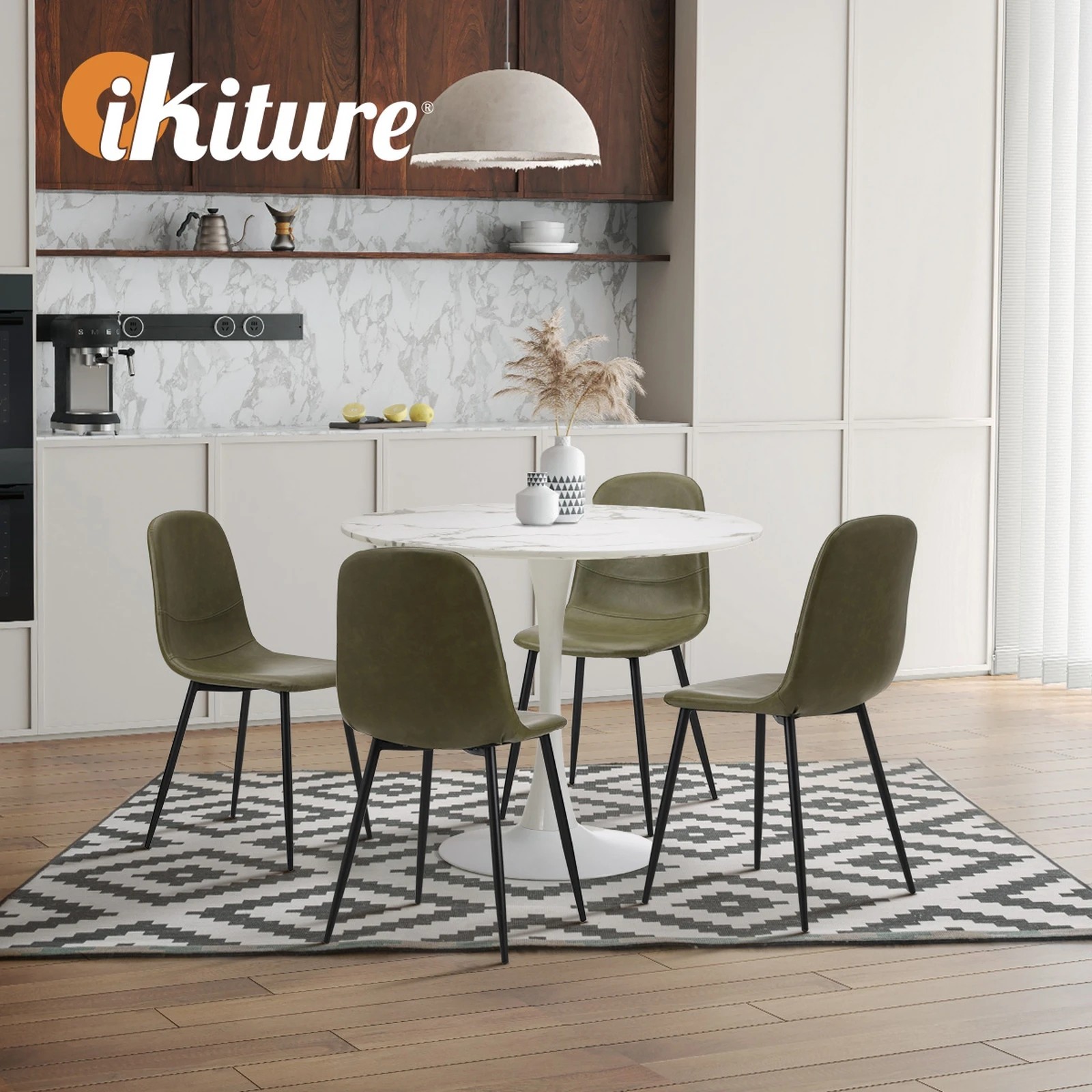 6 Oikiture 90cm Round Dining Table with 4x Dining Chairs PU Leather Green - Green, 6 of 9