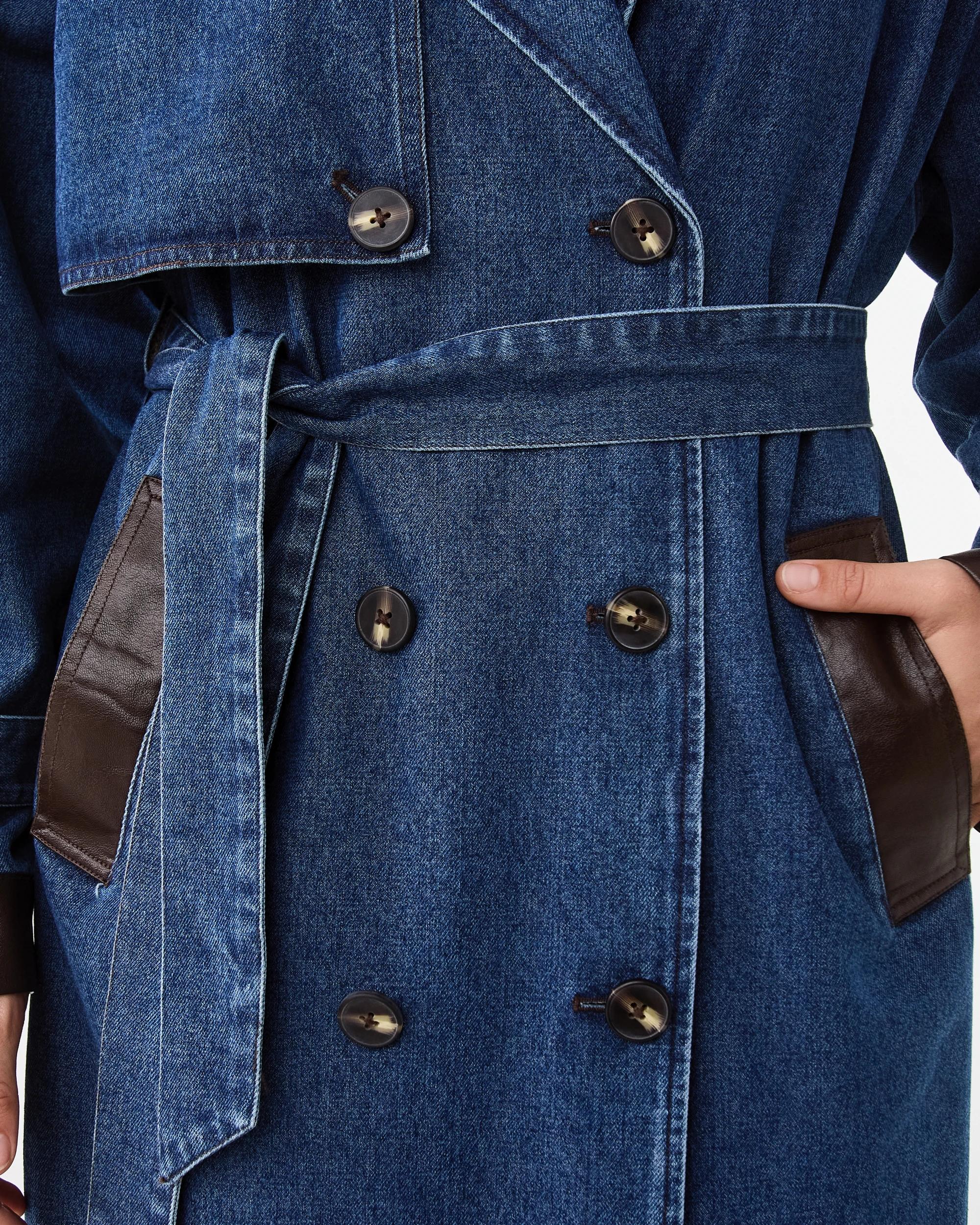 6 Leather Look Trim Denim Trench Coat Dark Wash, 6 of 9