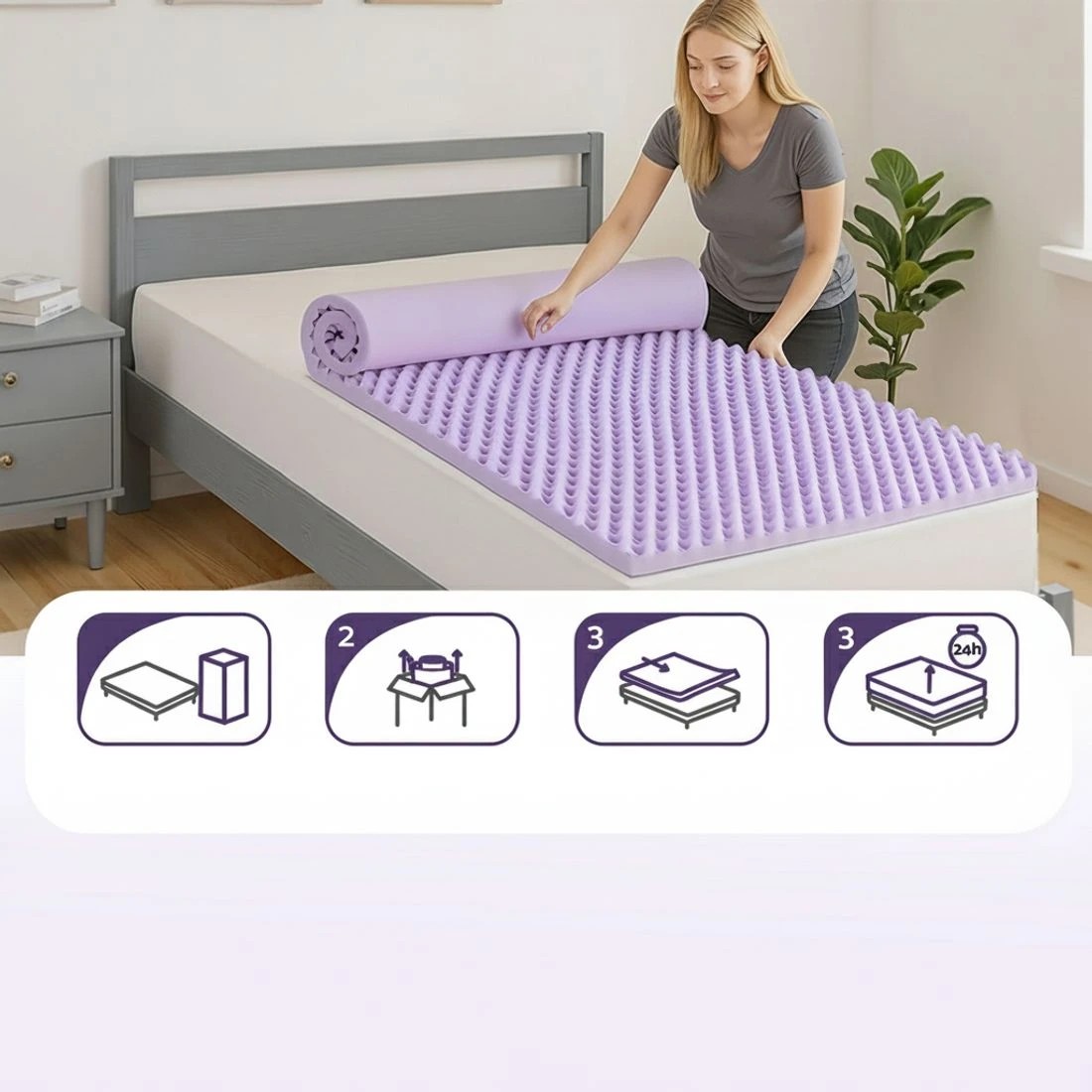 7 Giselle 5cm Memory Foam Mattress Topper Lavender Infused Egg Crate Pad Mat Single - Single Bed - Purple, 7 of 7